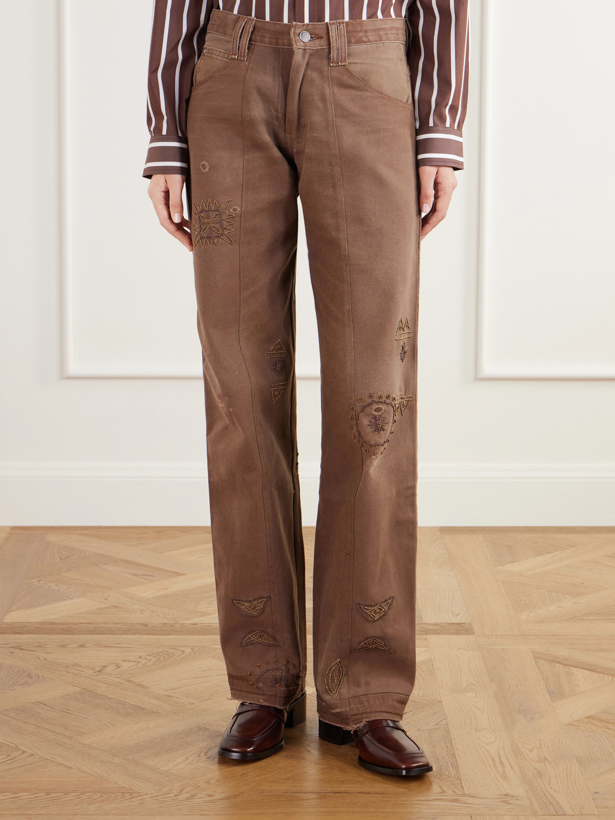 Embellished Paneled Upcycled Mid-Rise Straight-Leg Jeans