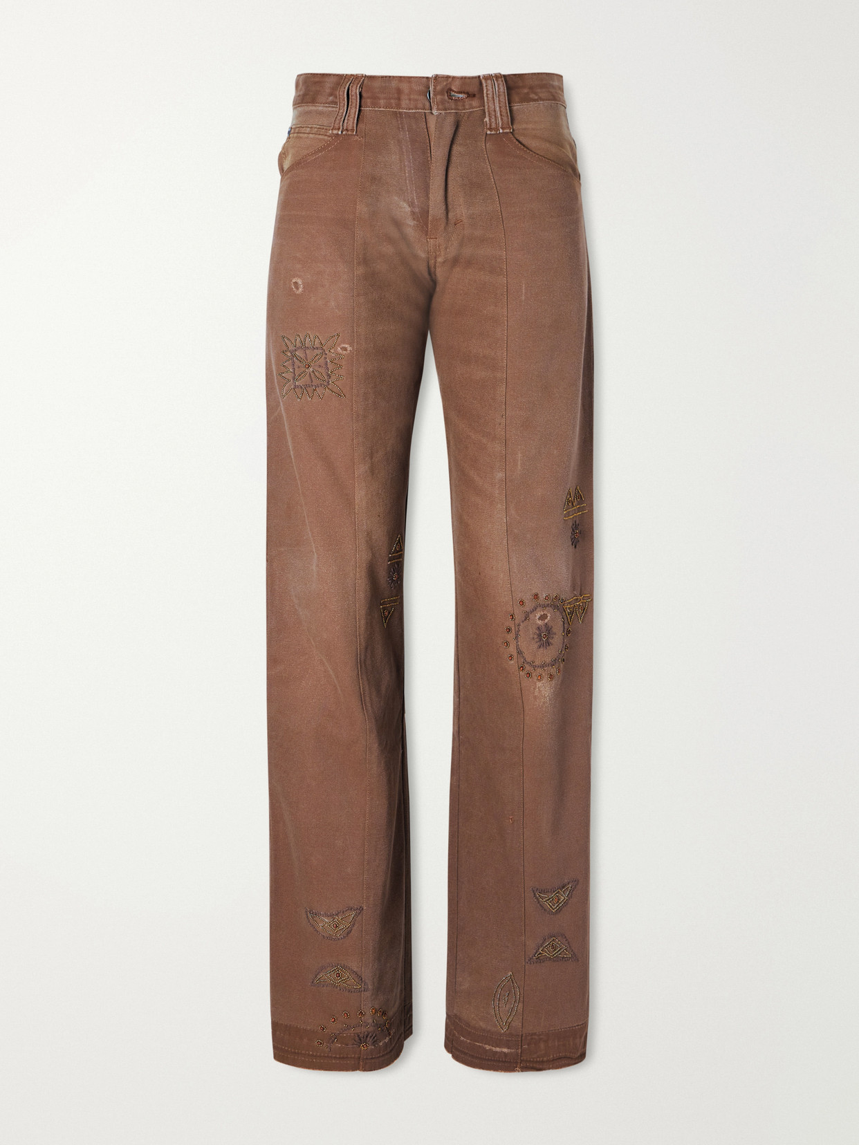 Kartik Research Embellished Paneled Upcycled Mid-rise Wide-leg Jeans In Brown