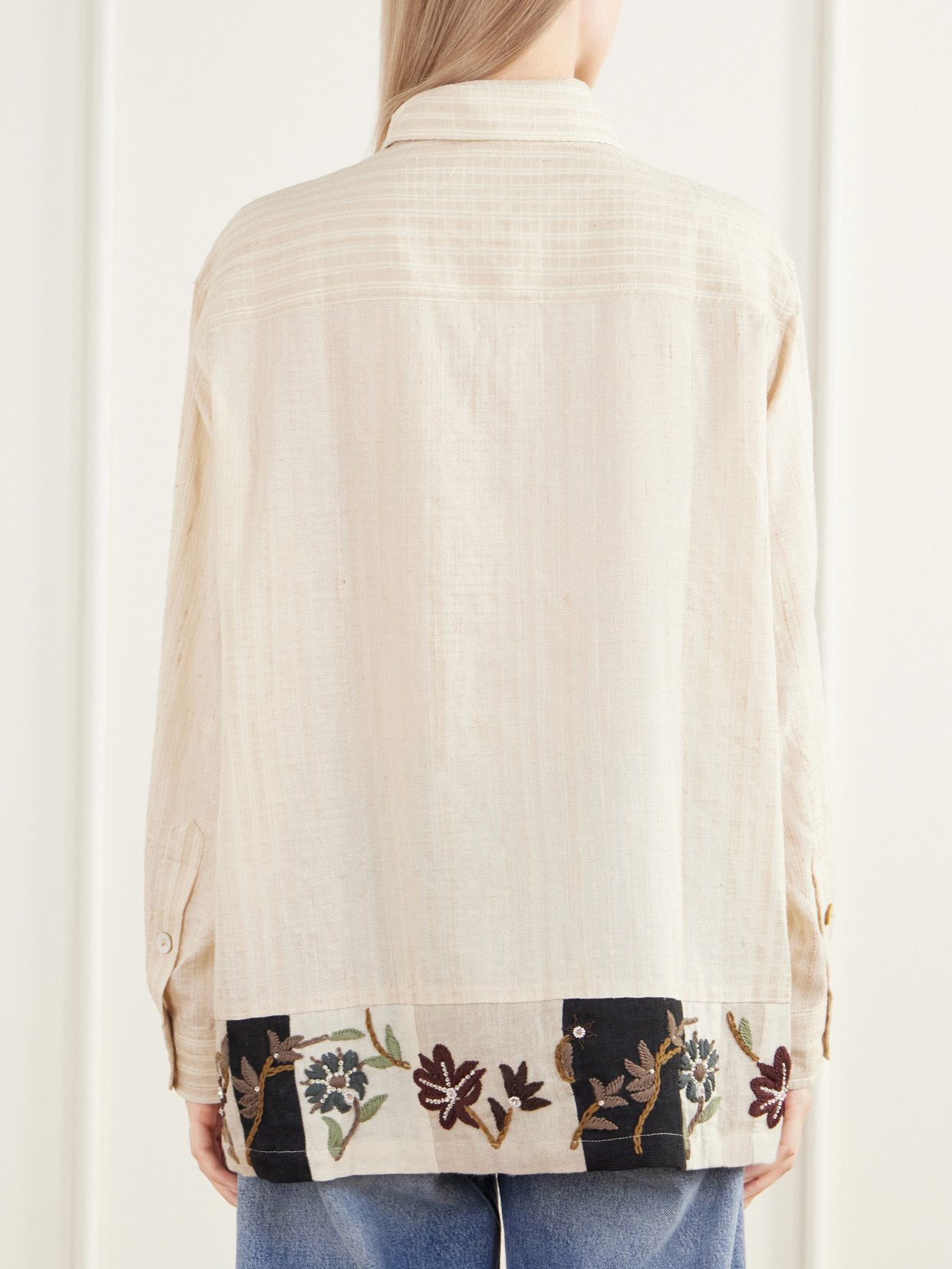 Chintz Bead-Embellished Floral-Embroidered Striped Handwoven Silk And Cotton-Blend Shirt