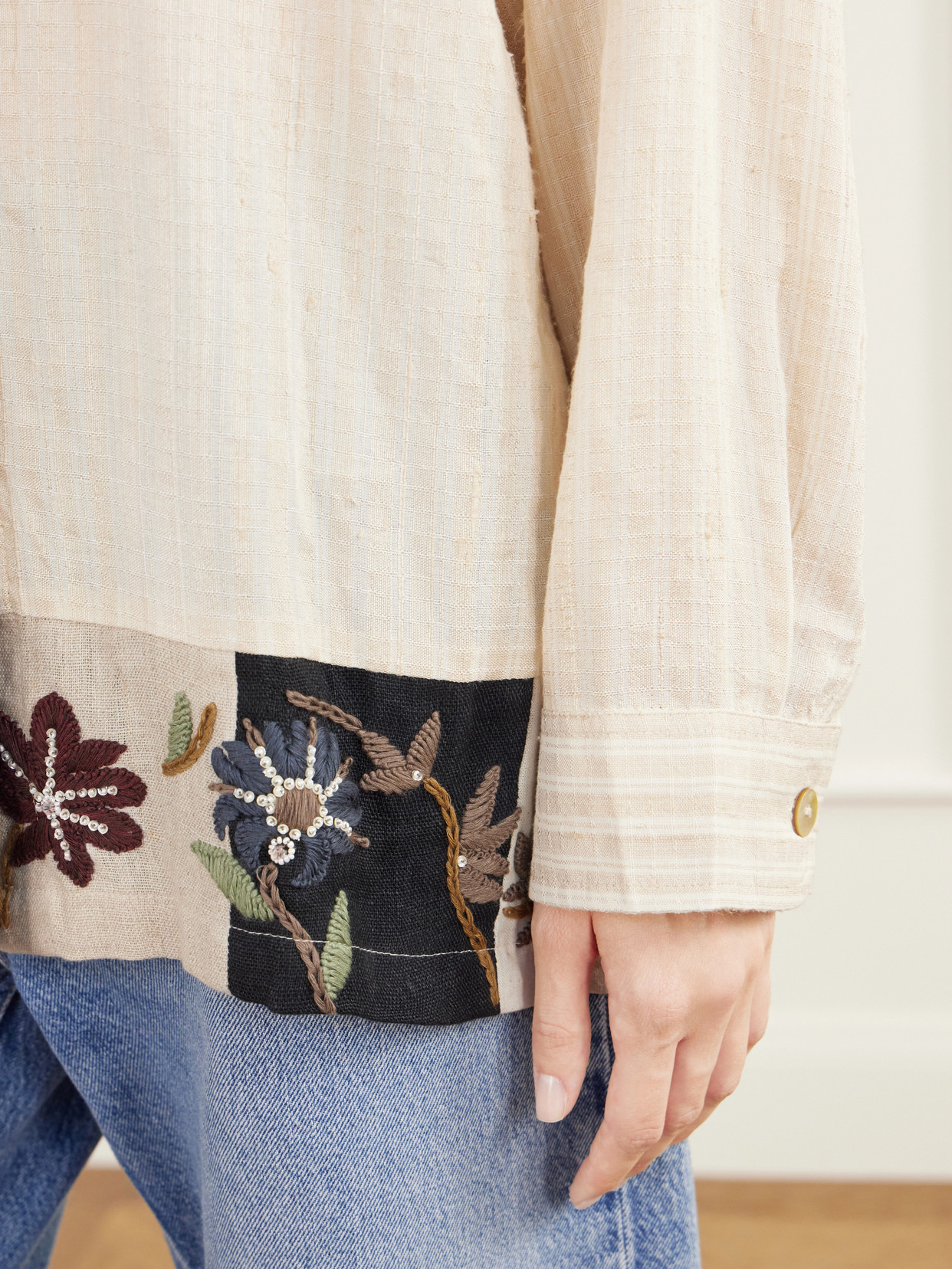 Chintz Bead-Embellished Floral-Embroidered Striped Handwoven Silk And Cotton-Blend Shirt