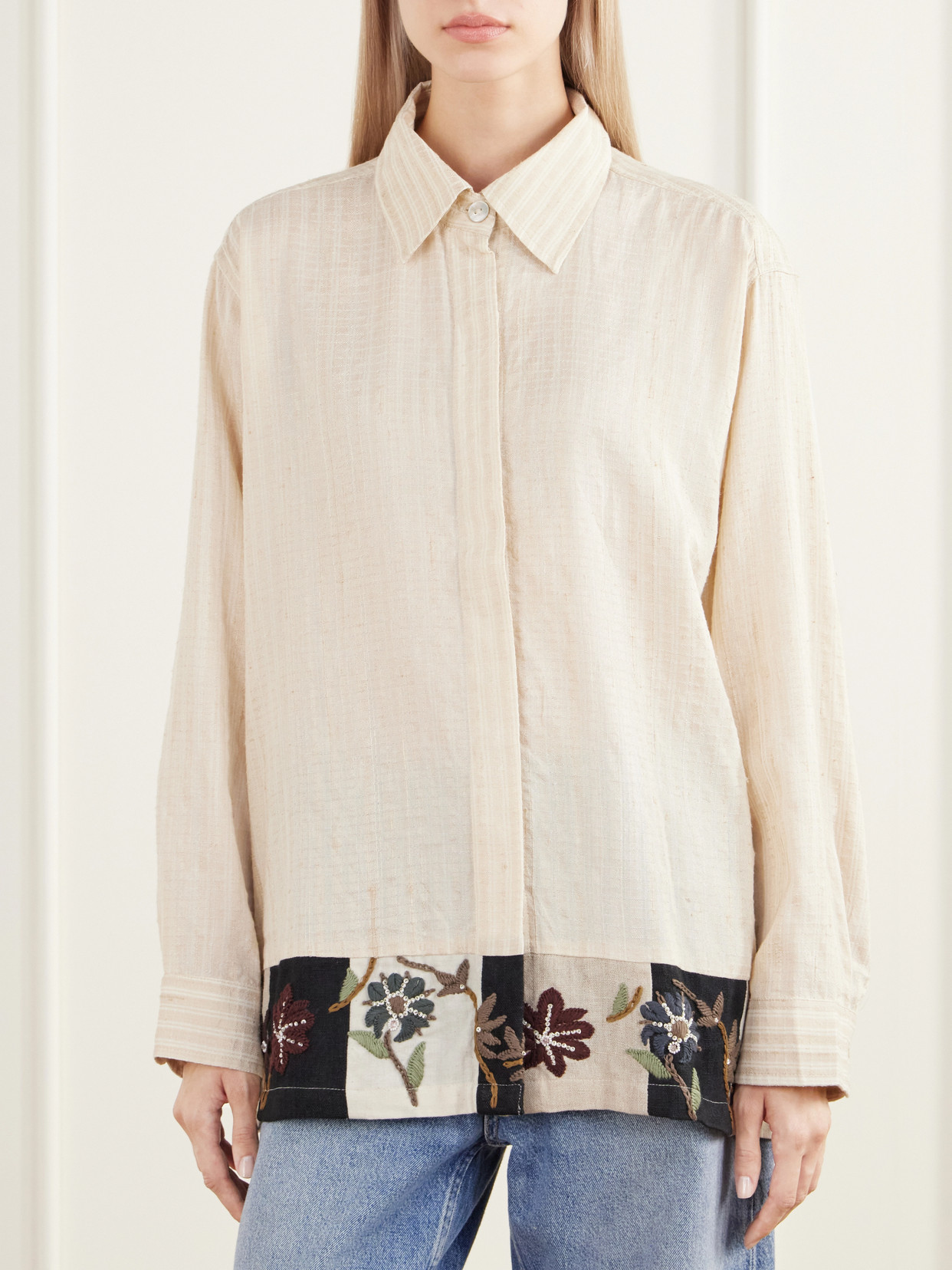Chintz Bead-Embellished Floral-Embroidered Striped Handwoven Silk And Cotton-Blend Shirt