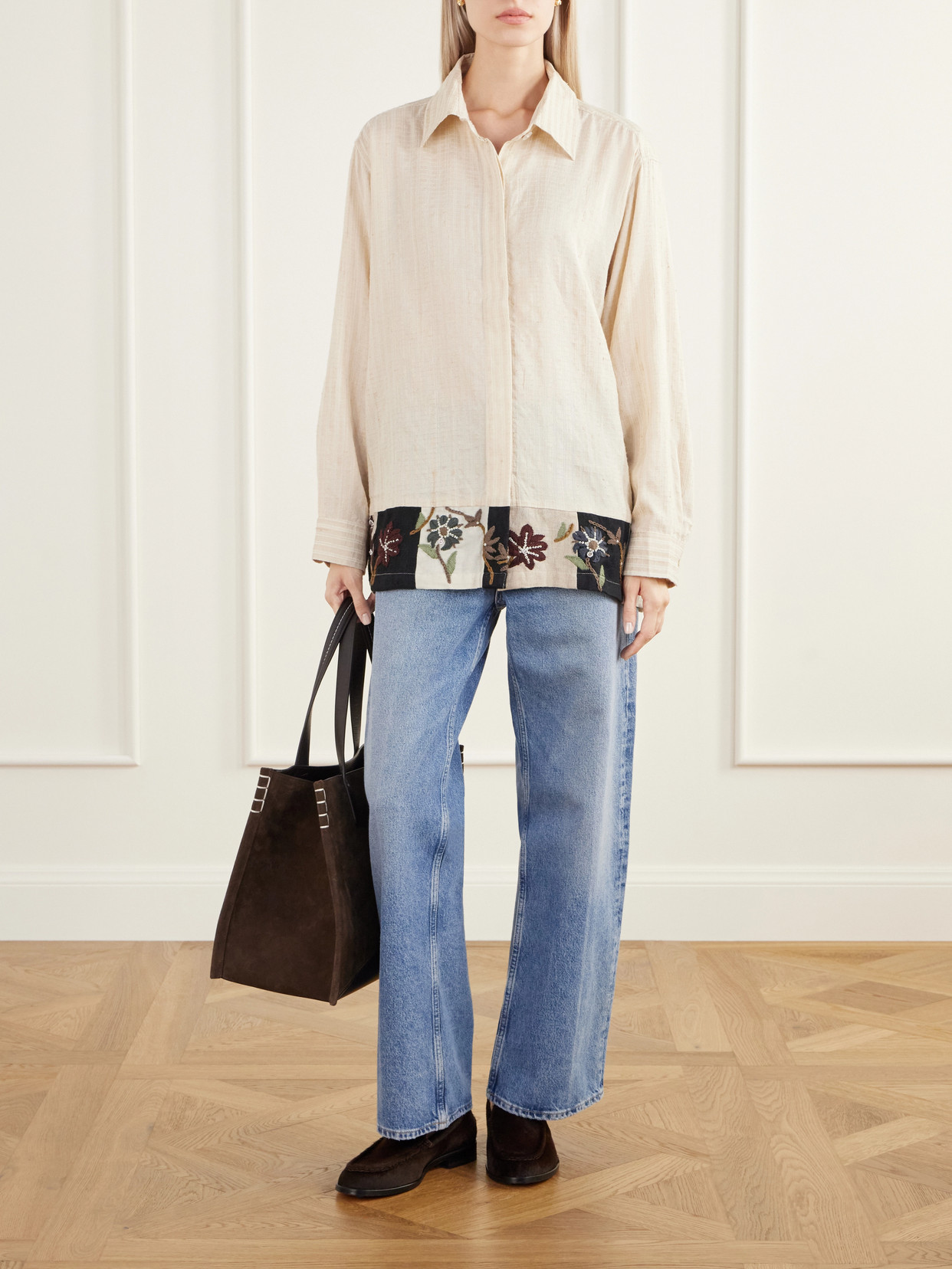 Chintz Bead-Embellished Floral-Embroidered Striped Handwoven Silk And Cotton-Blend Shirt