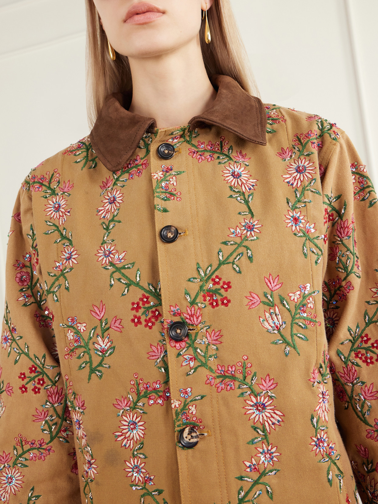 Chintz Sequin-Embellished Floral-Embroidered Suede-Trimmed Cotton-Canvas Jacket