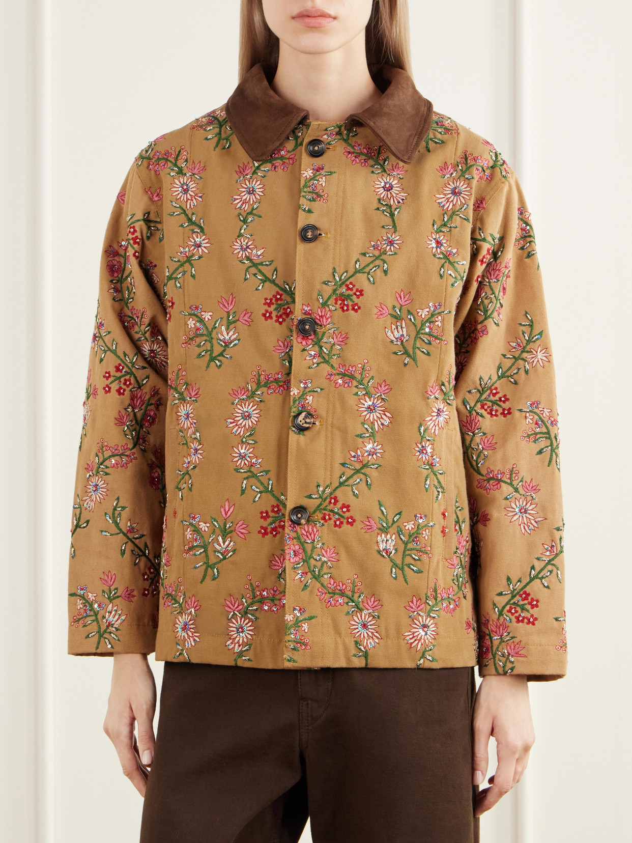 Chintz Sequin-Embellished Floral-Embroidered Suede-Trimmed Cotton-Canvas Jacket
