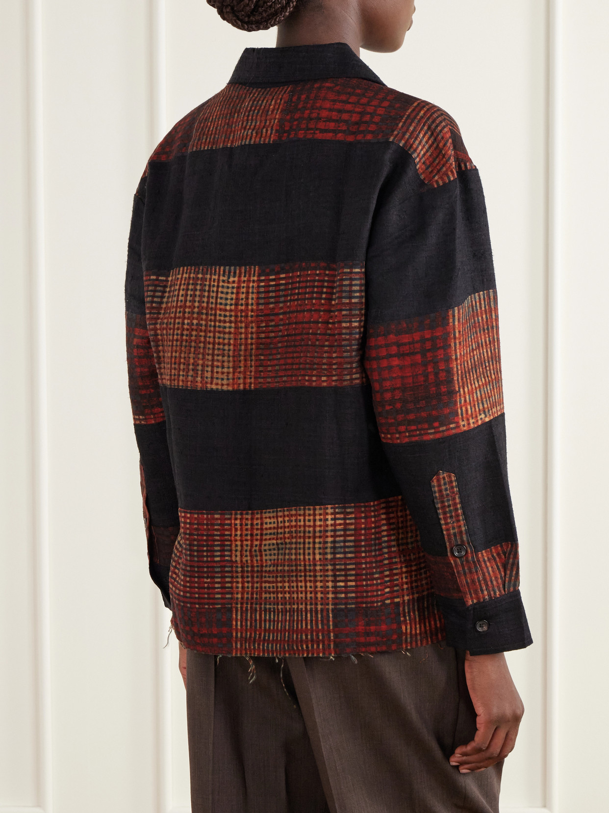 Checked Block-Print Patchwork Silk-Twill Shirt