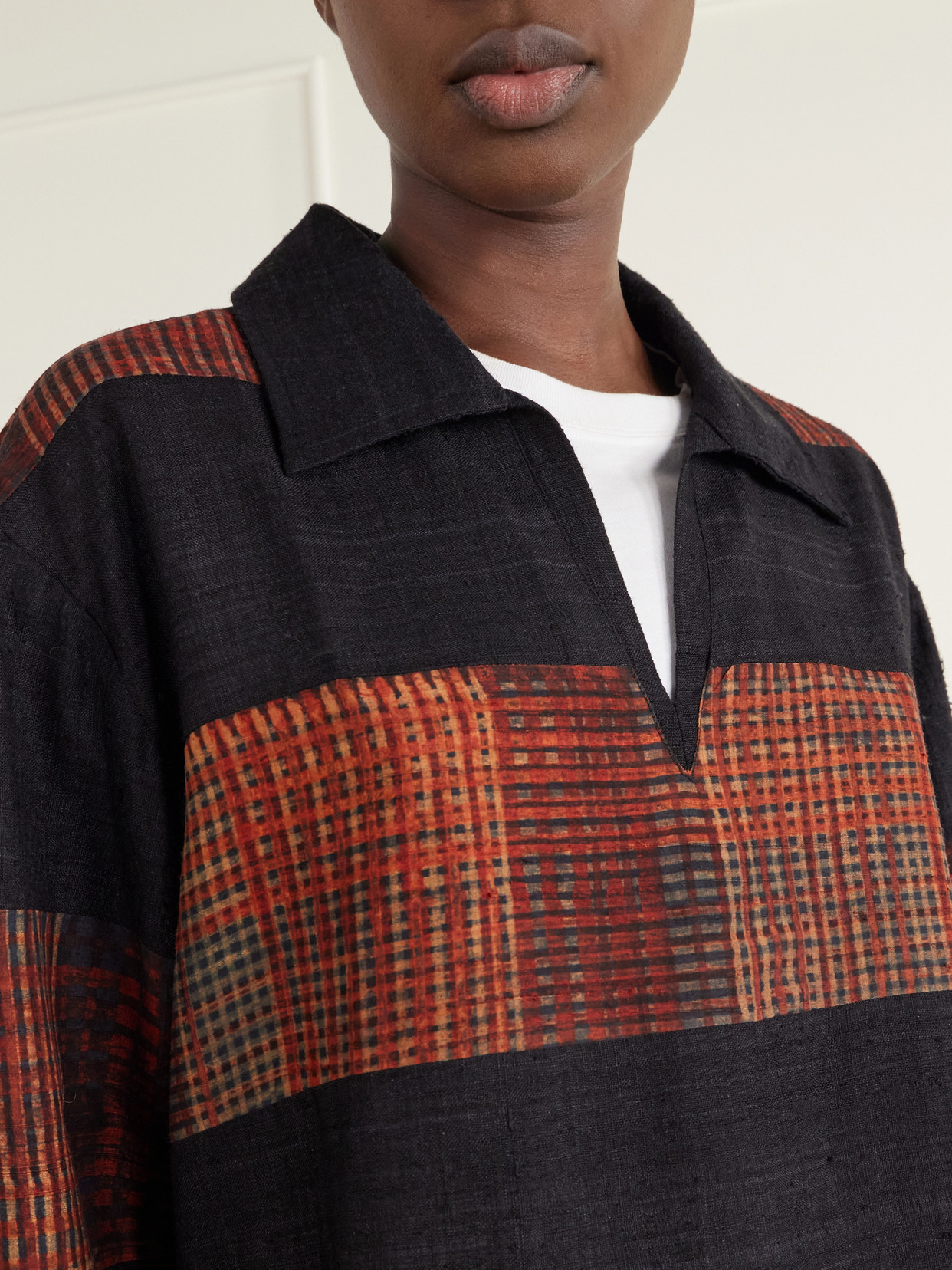 Checked Block-Print Patchwork Silk-Twill Shirt