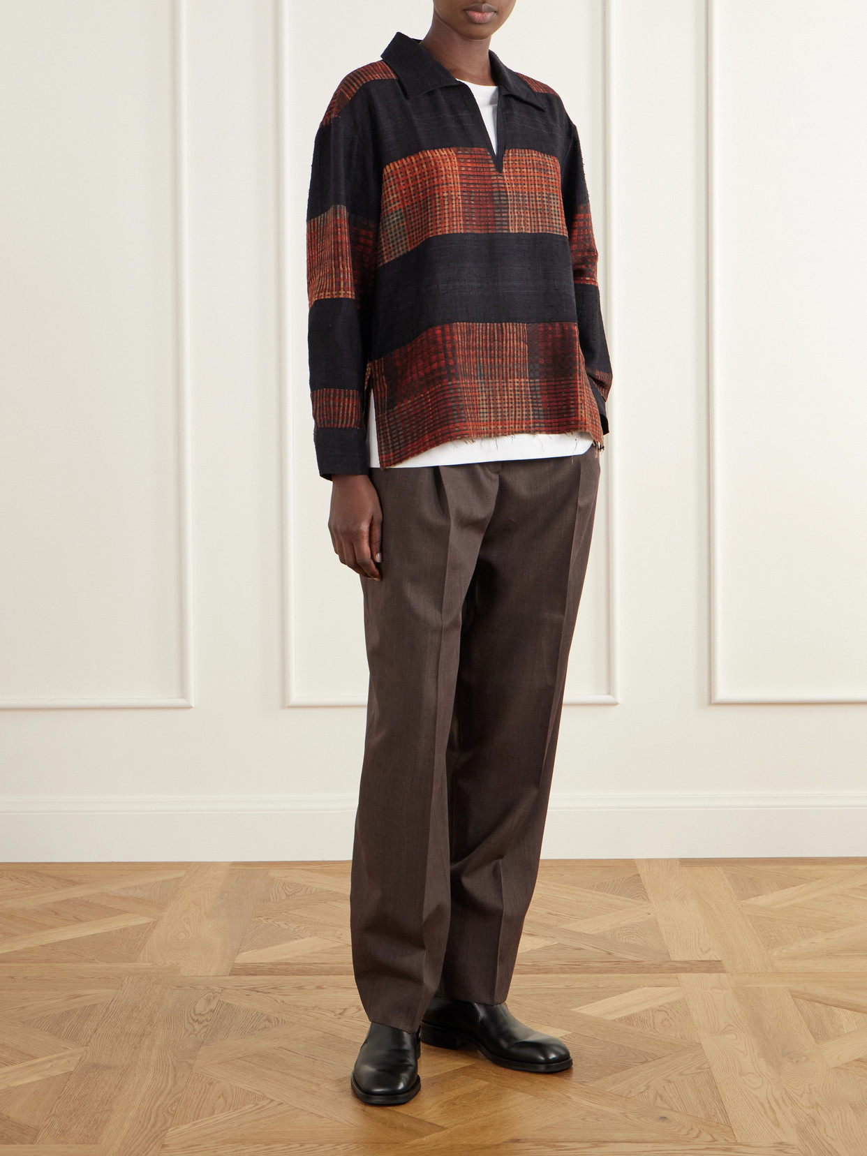 Checked Block-Print Patchwork Silk-Twill Shirt