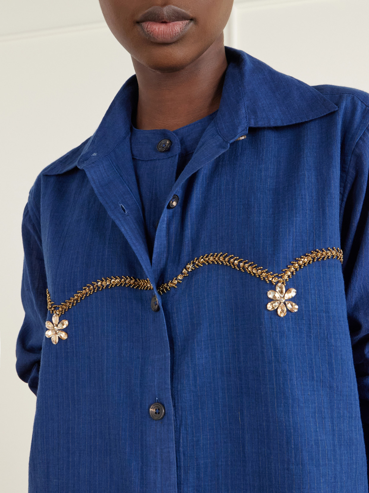 Bead-Embellished Layered Striped Cotton Shirt