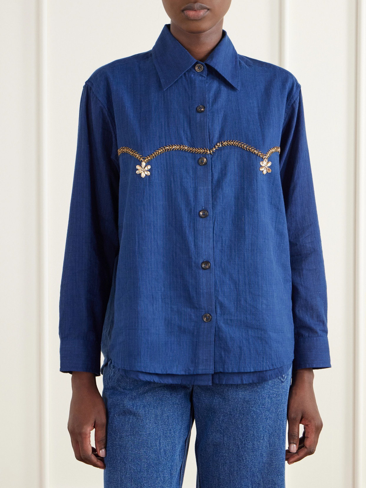 Bead-Embellished Layered Striped Cotton Shirt