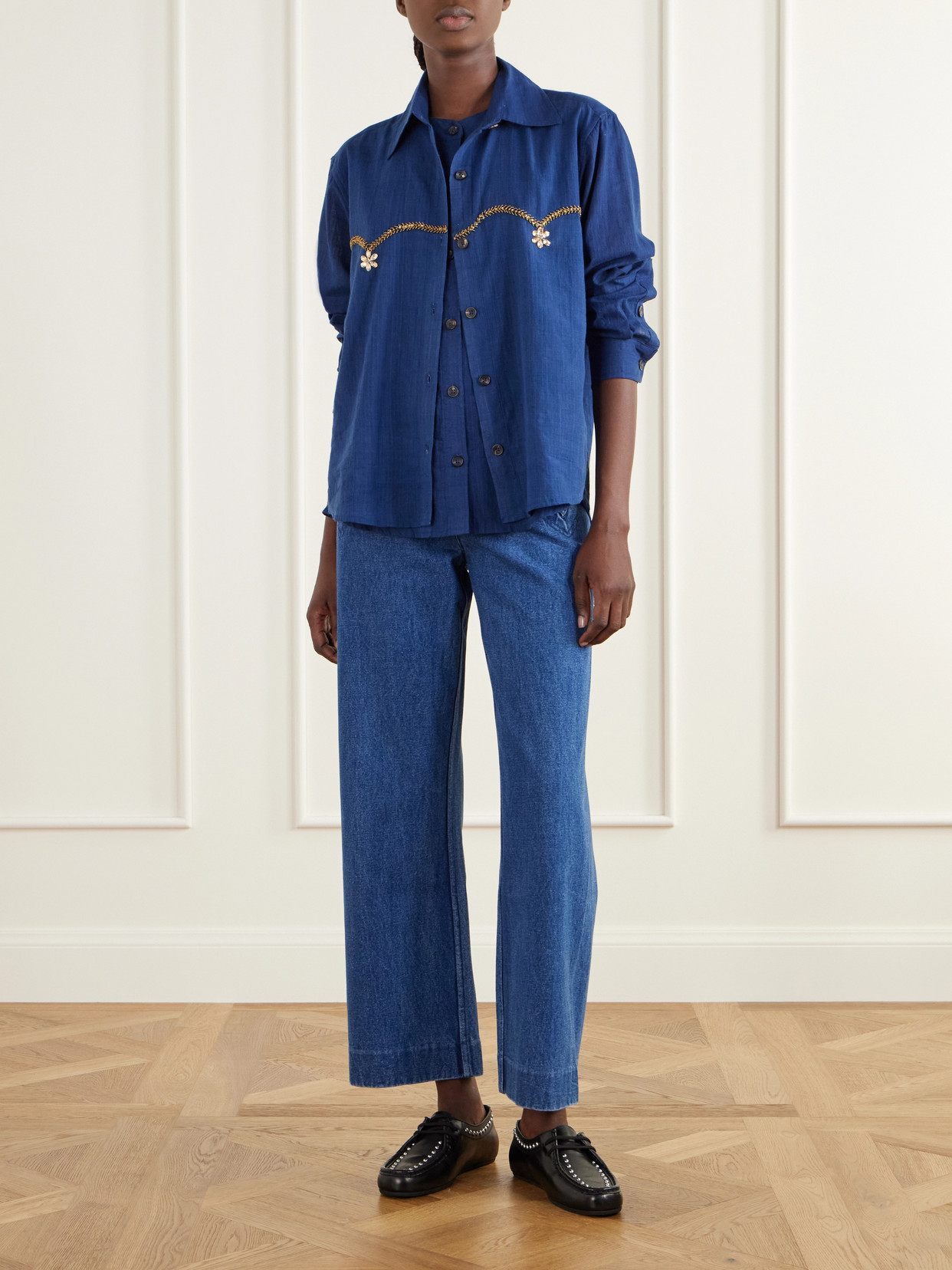 Bead-Embellished Layered Striped Cotton Shirt