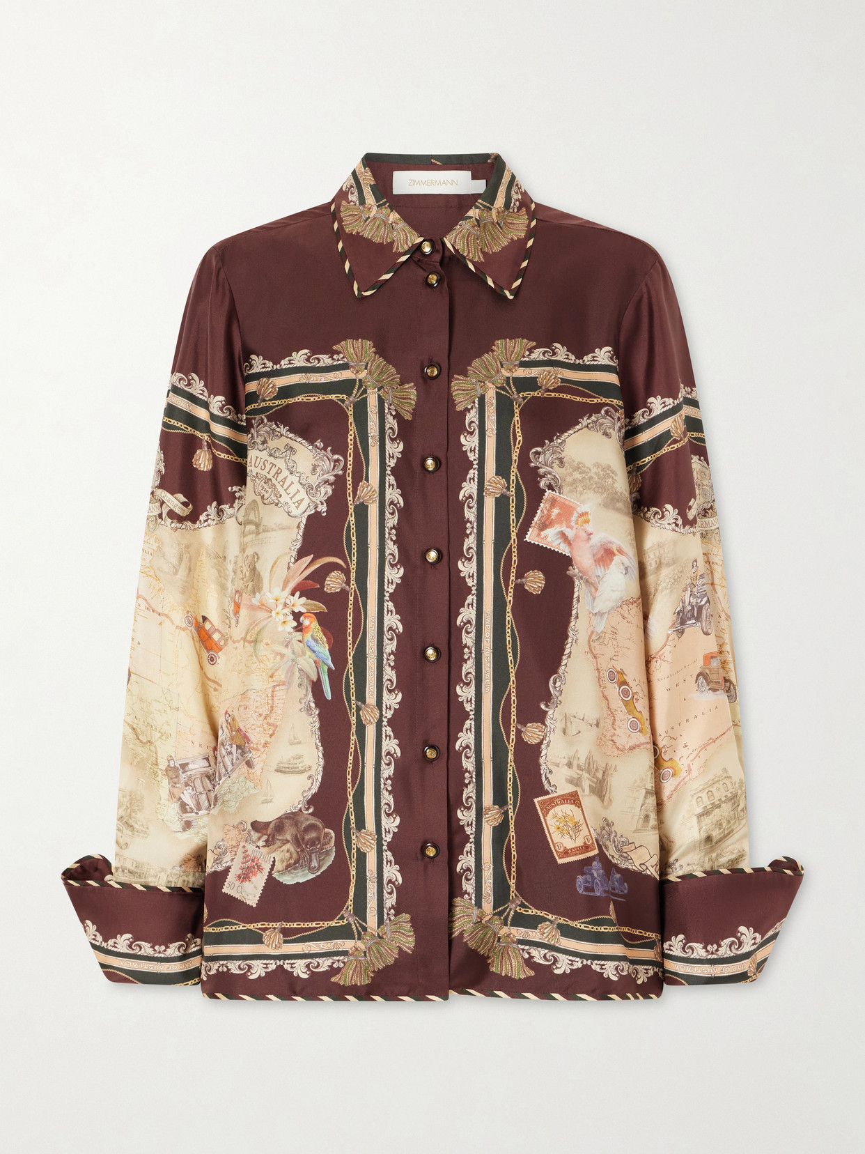 Zimmermann Valiant Printed Silk-twill Shirt In Brown