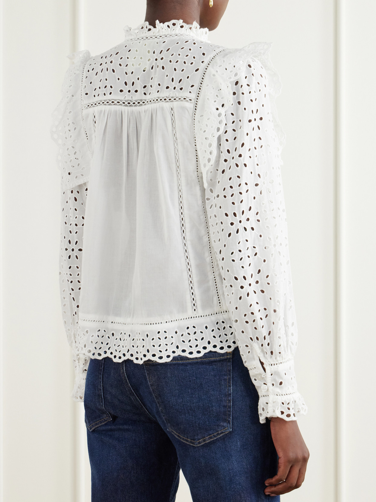 Ruffled Broderie Anglaise-Trimmed Cotton Blouse