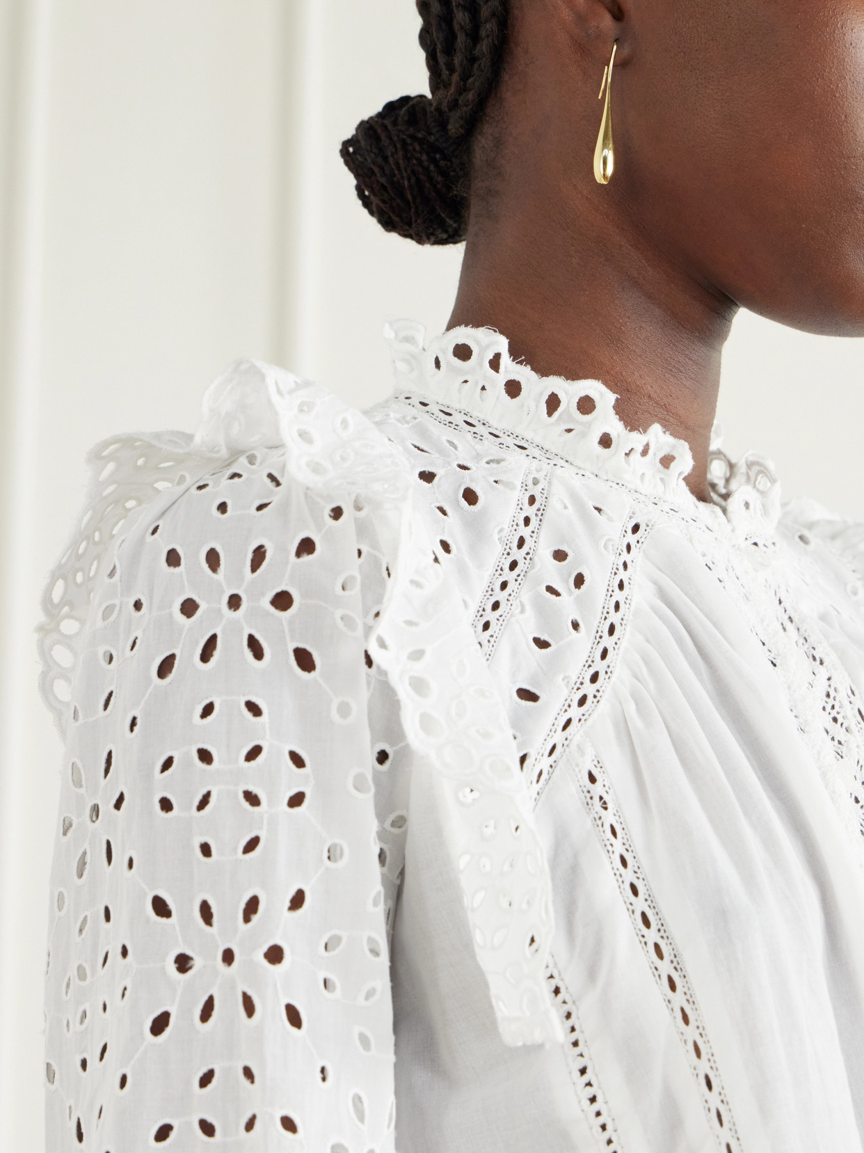 Ruffled Broderie Anglaise-Trimmed Cotton Blouse