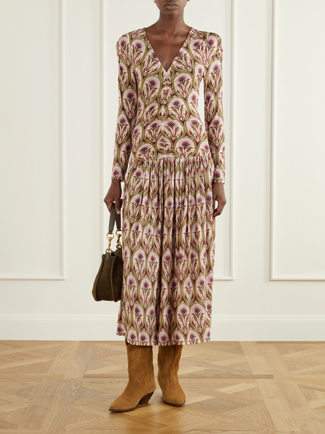 Garden Medal Pleated Printed Twill Midi