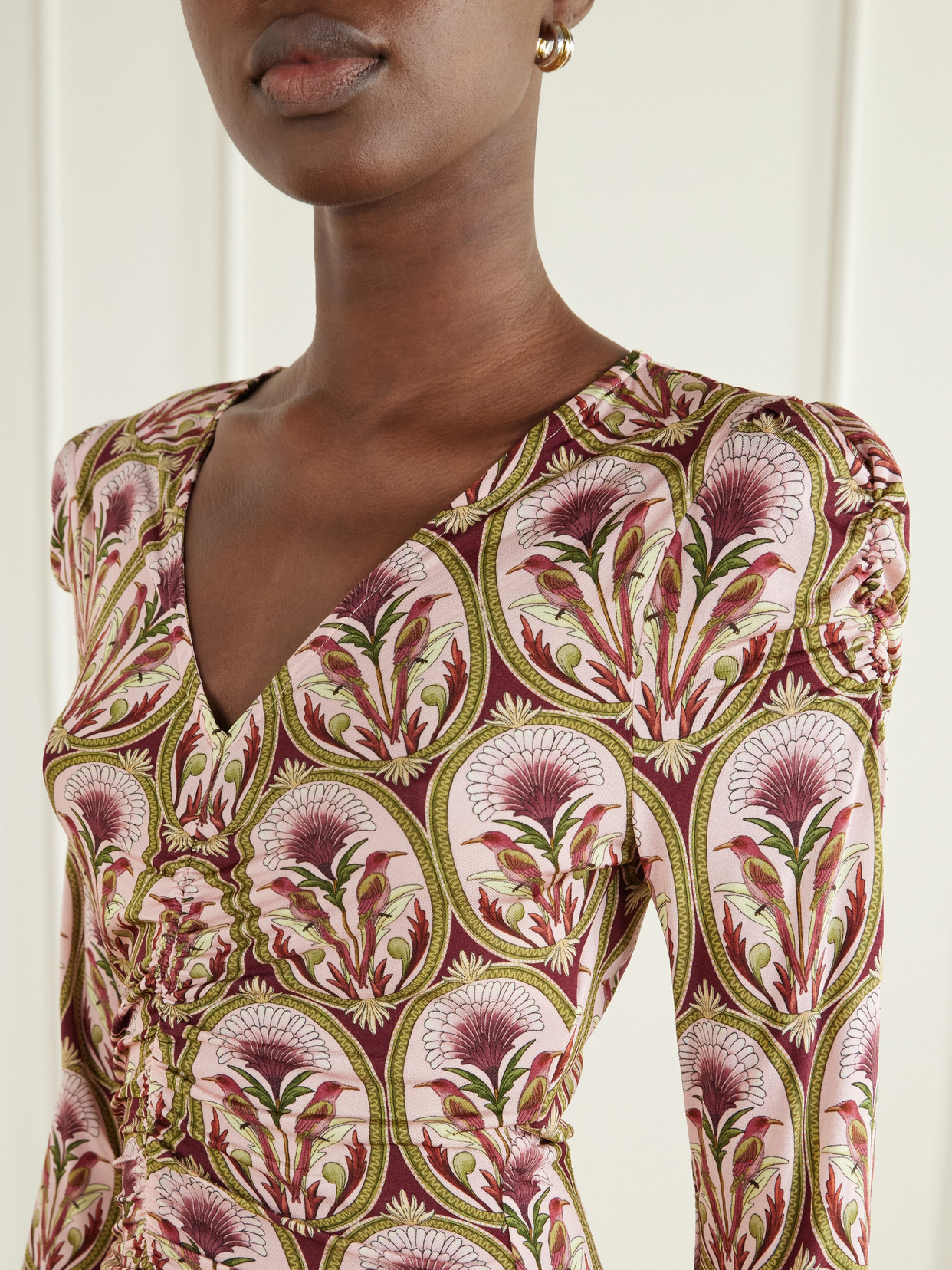 Garden Medal Printed Gathered Jersey Blouse