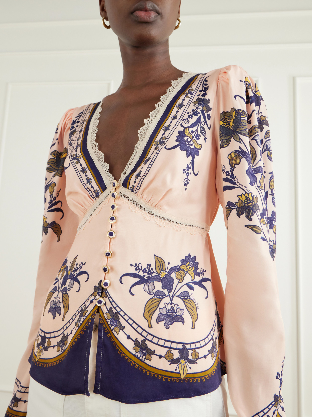 Liz Floral-Print Lace-Trimmed Crepe De Chine Blouse