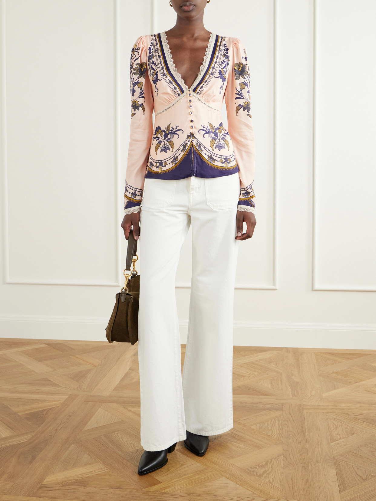 Liz Floral-Print Lace-Trimmed Crepe De Chine Blouse