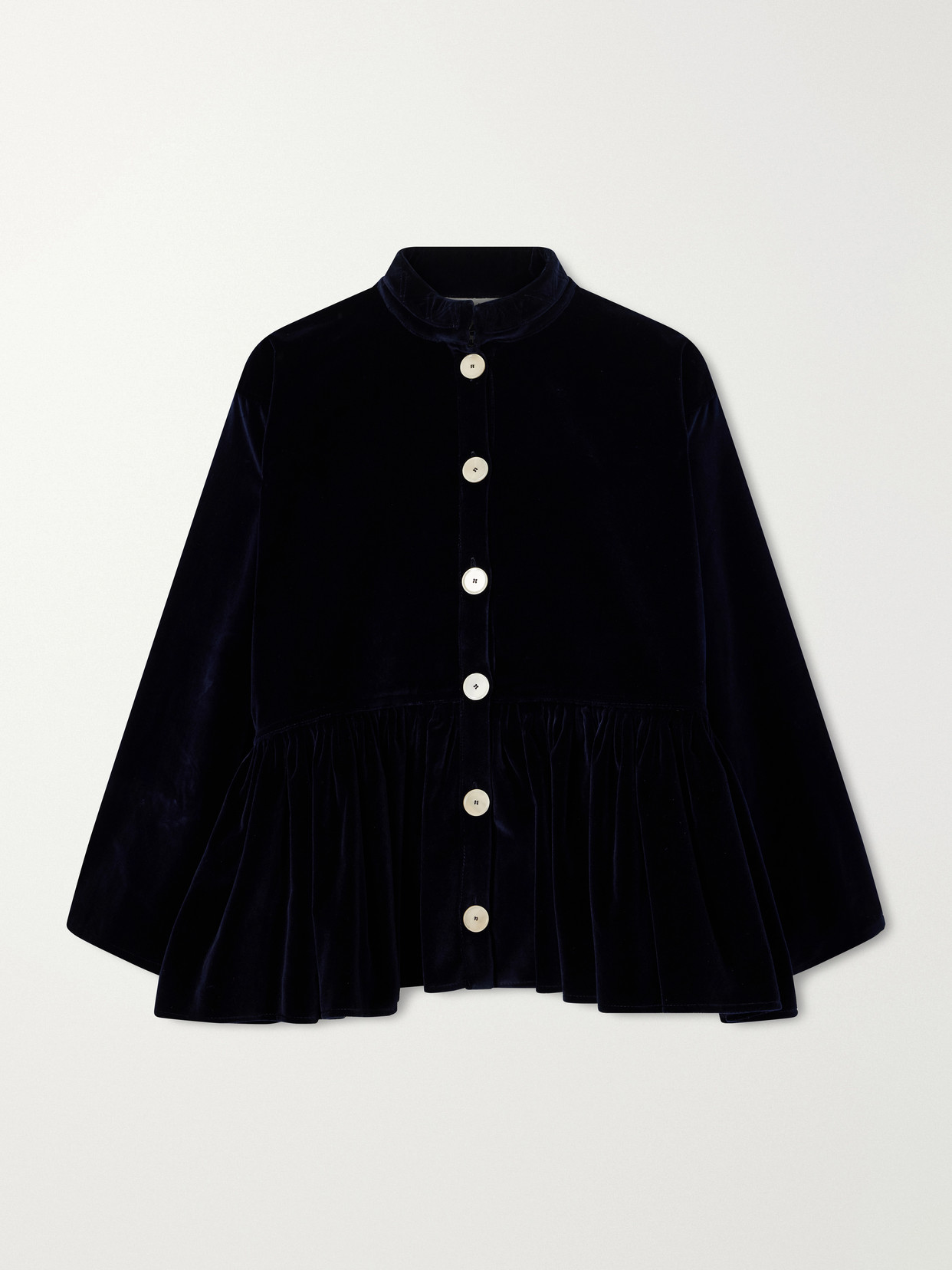 Les Vacances D'irina Gathered Cotton-velvet Blouse In Blue