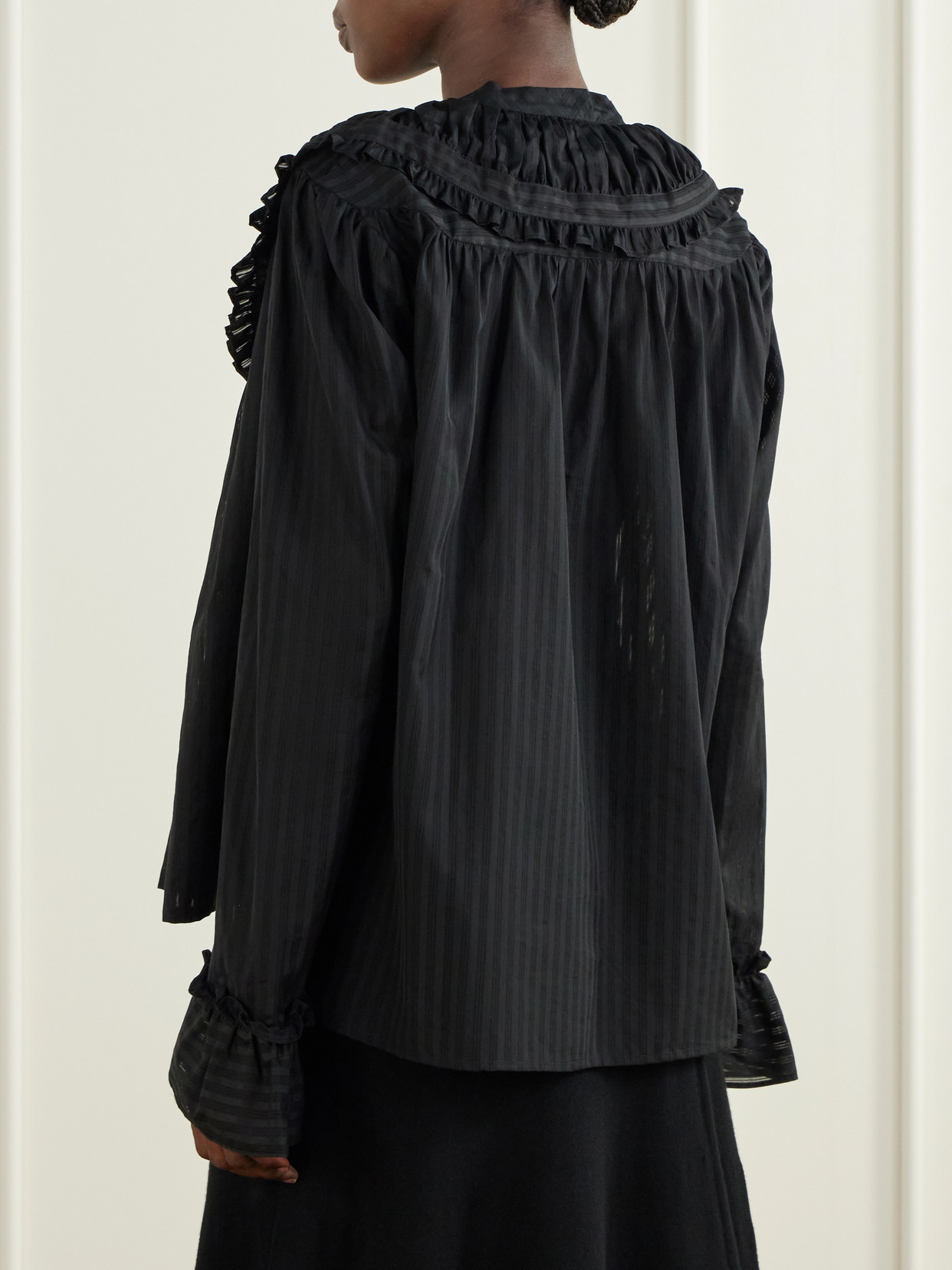 Dauphine Ruffled Striped Cotton-Voile Blouse