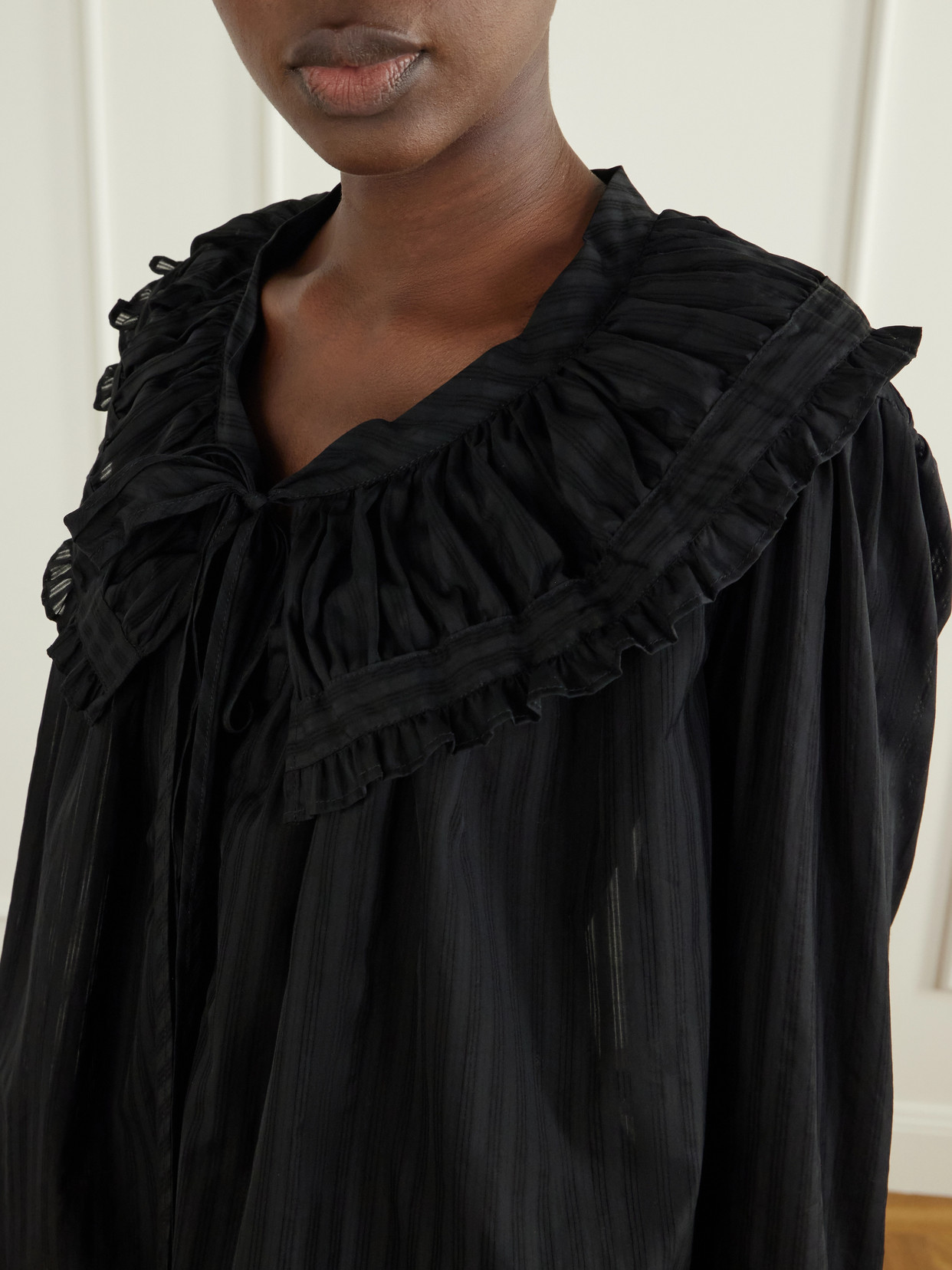 Dauphine Ruffled Striped Cotton-Voile Blouse