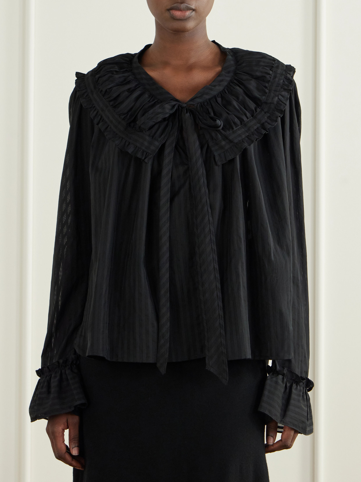 Dauphine Ruffled Striped Cotton-Voile Blouse