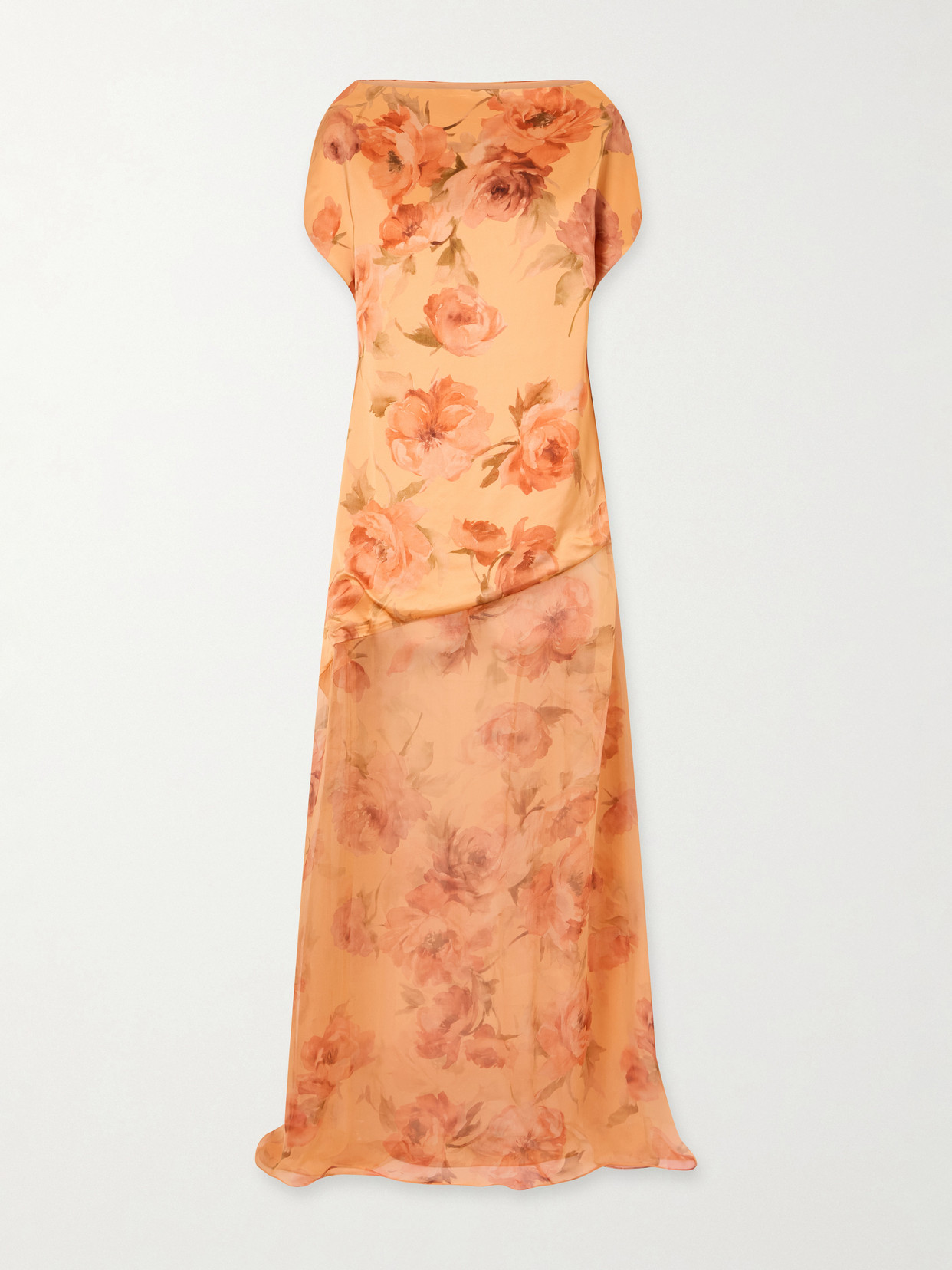 Dima Ayad Floral-print Chiffon-trimmed Satin Gown In Gold