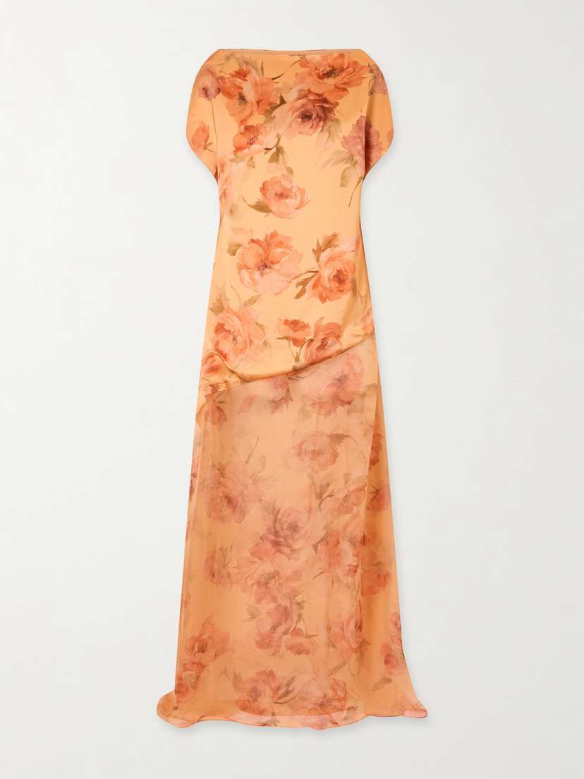 Dima Ayad Floral-print Chiffon-trimmed Satin Gown