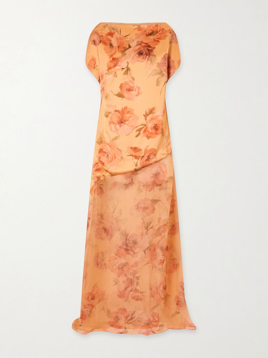 Floral-print chiffon-trimmed satin gown