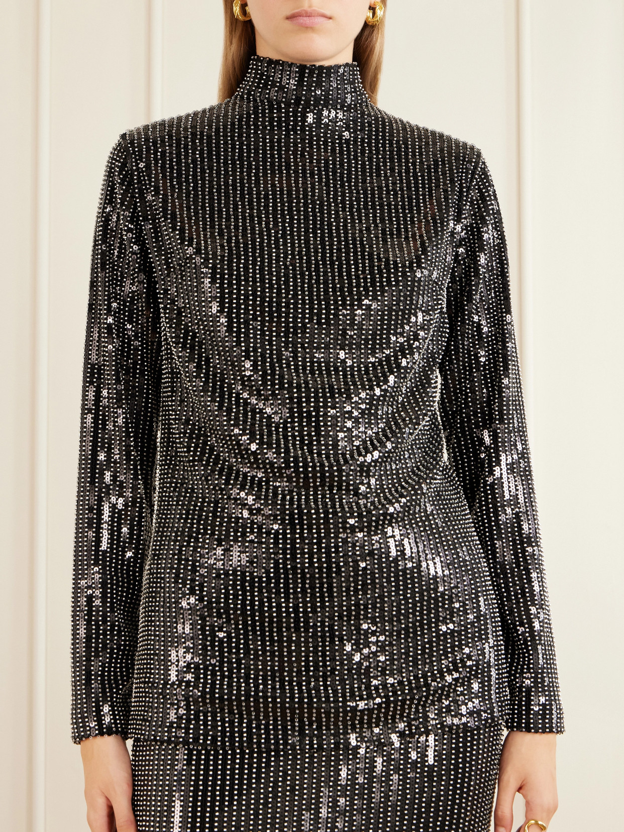 Studded Sequin-Trimmed Jersey Blouse