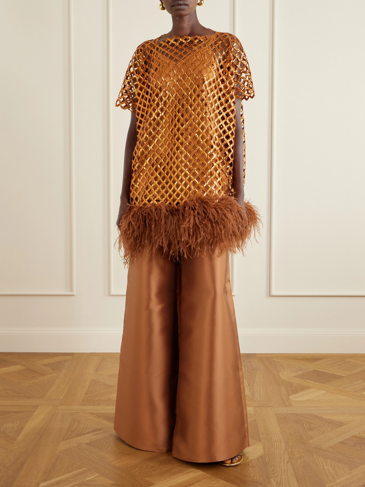 Feather-Trimmed Sequined Blouse