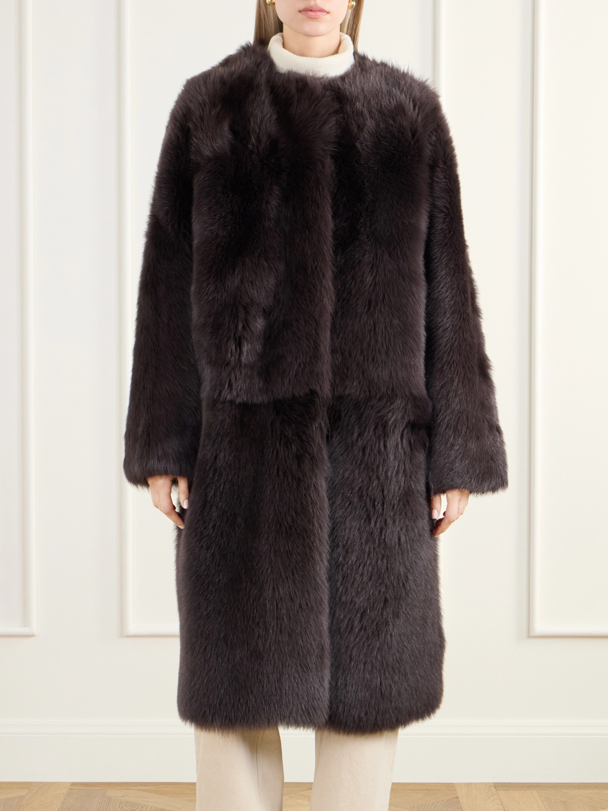 Gemma Collarless Paneled Shearling Coat