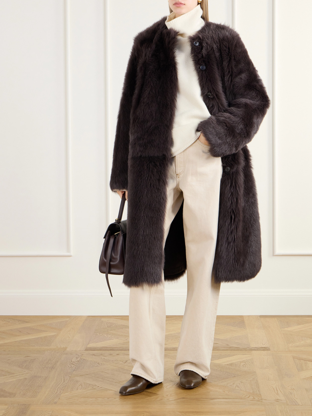 Gemma Collarless Paneled Shearling Coat