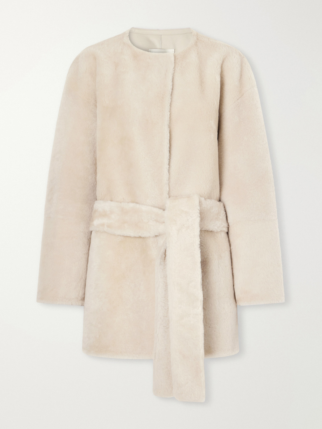 Sasha Collarless Belted Shearling Coat