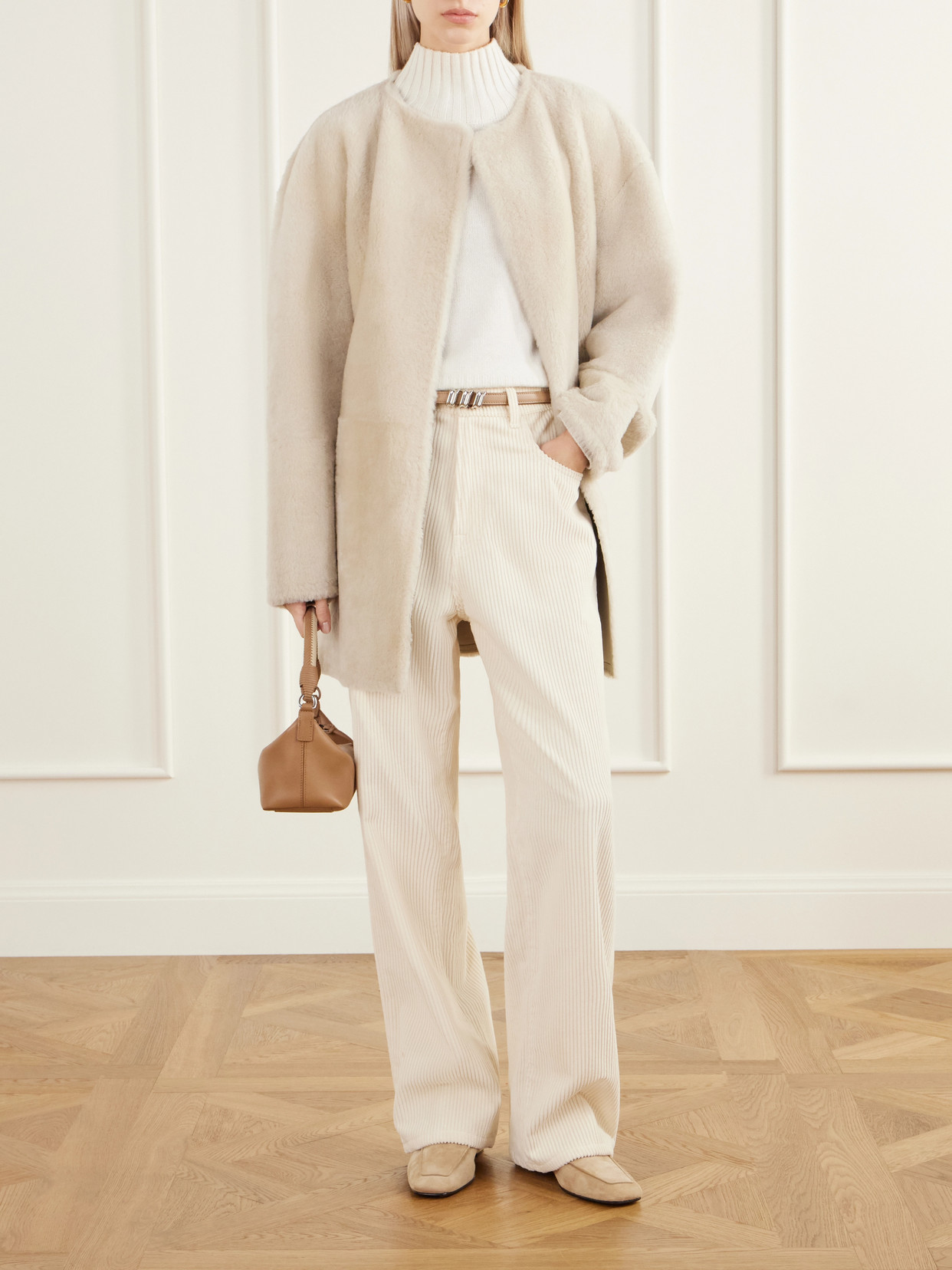 Sasha Collarless Belted Shearling Coat