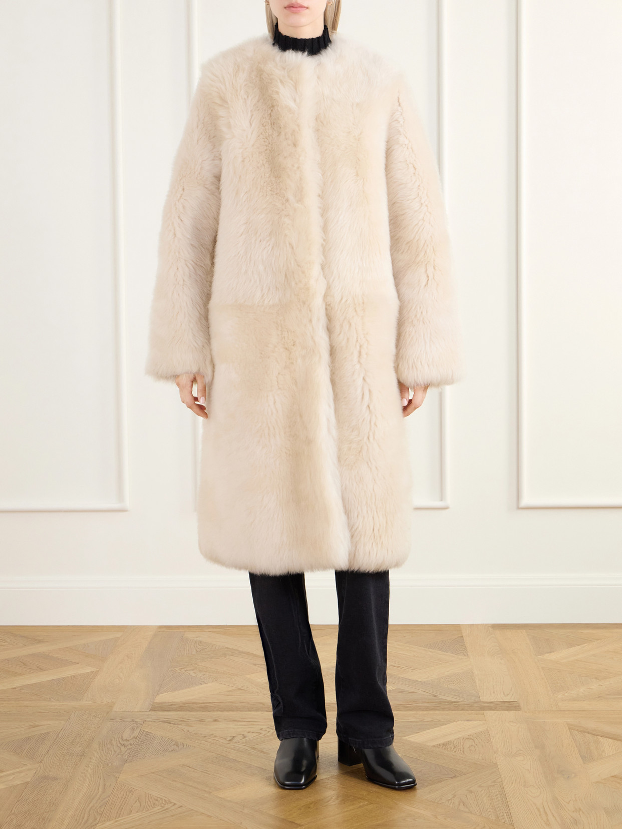 Gemma Collarless Paneled Shearling Coat