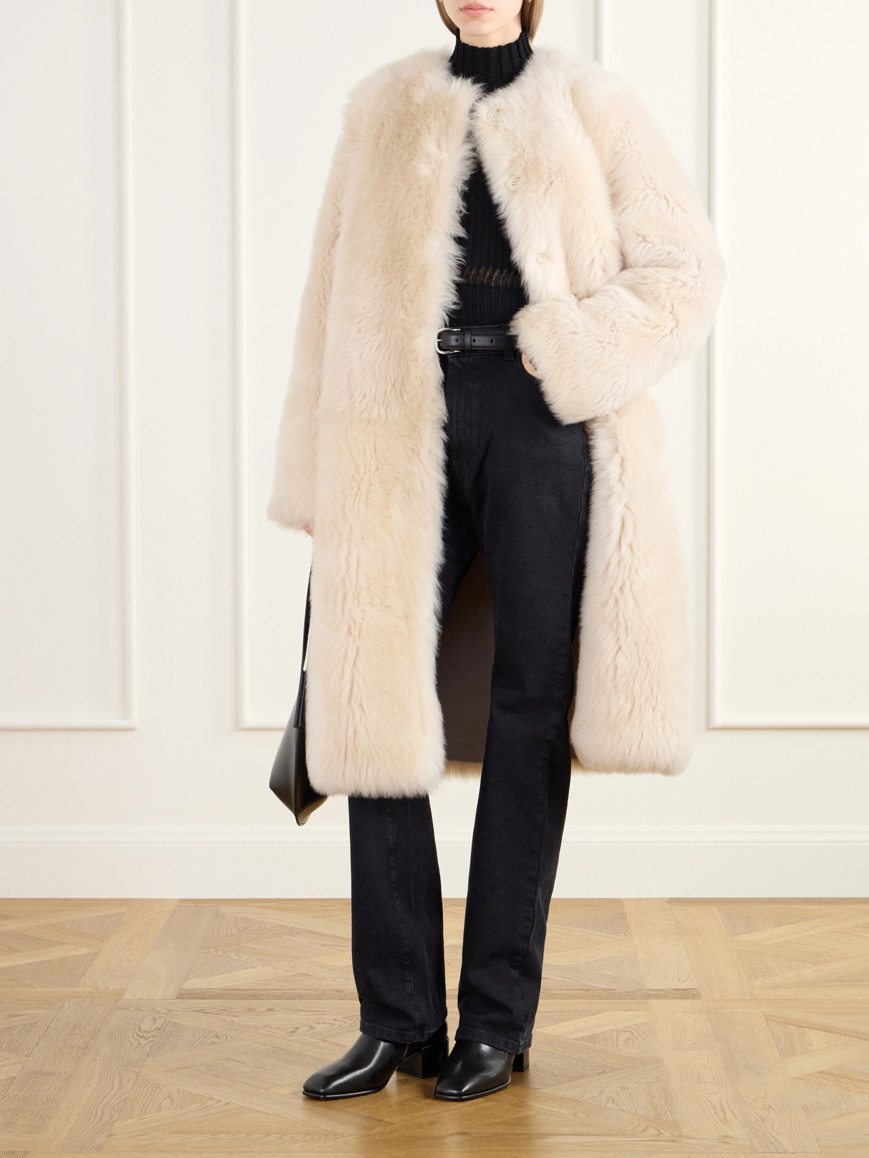 Gemma Collarless Paneled Shearling Coat