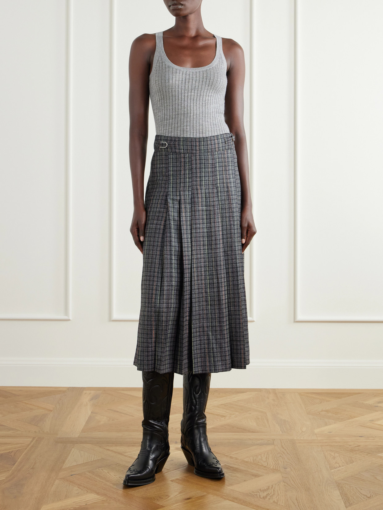 Wesley Pleated Houndstooth Wool And Cashmere-Blend Twill Midi