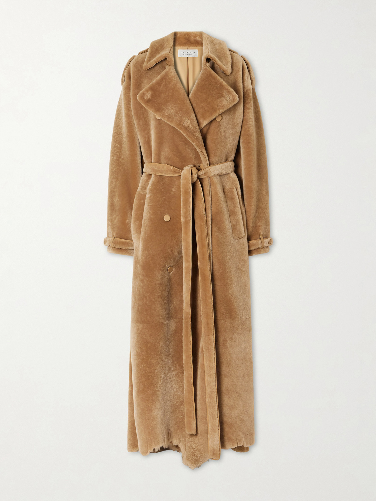 Tellus Belted Double-Breasted Leather-Trimmed Shearling Coat