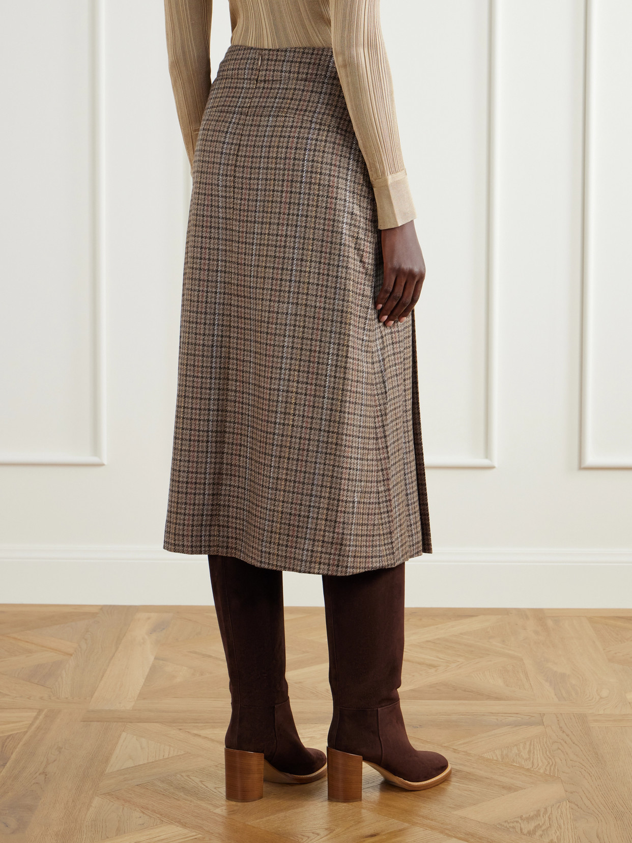 Wesley Pleated Houndstooth Wool And Cashmere-Blend Twill Midi