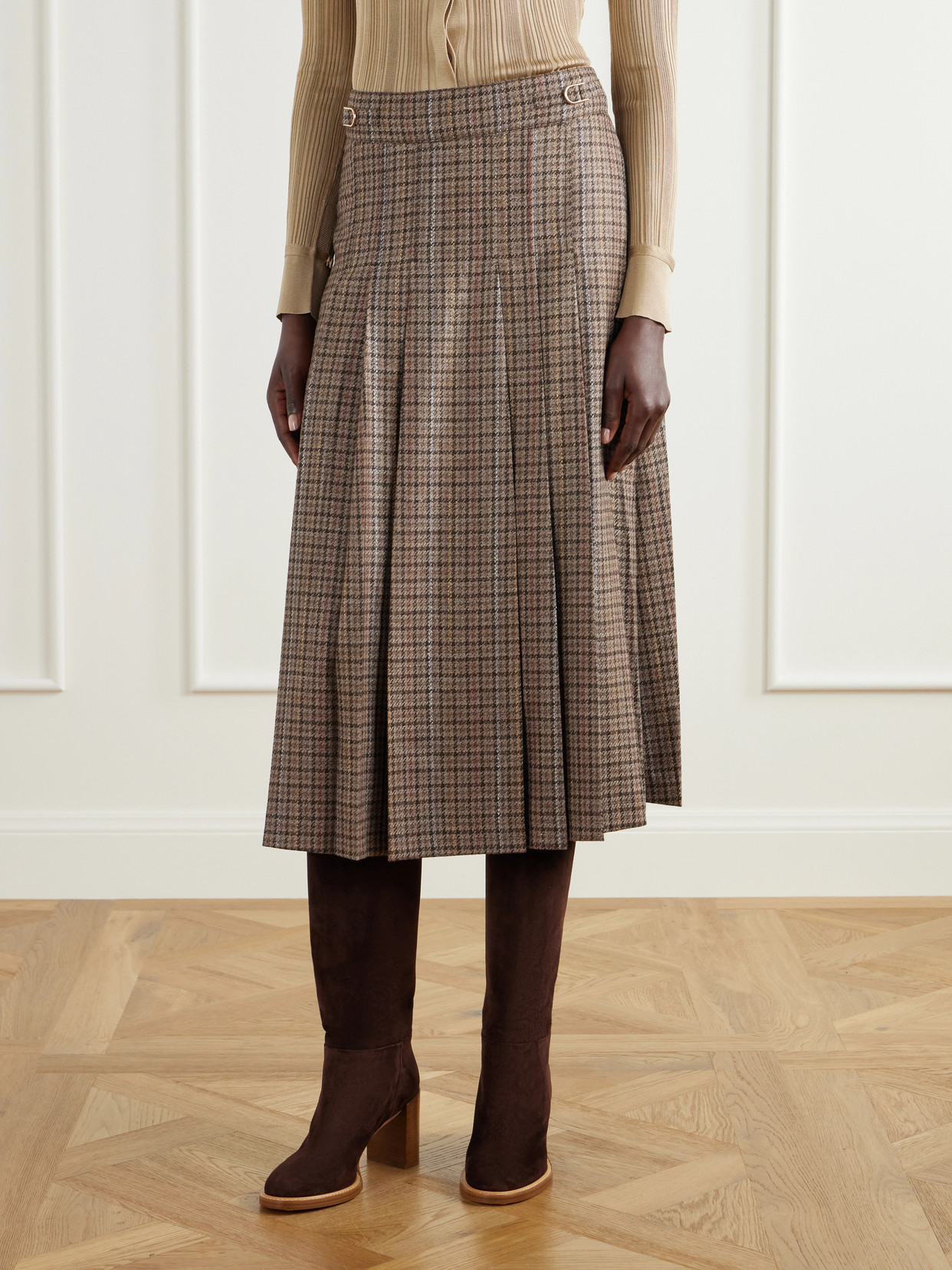 Wesley Pleated Houndstooth Wool And Cashmere-Blend Twill Midi