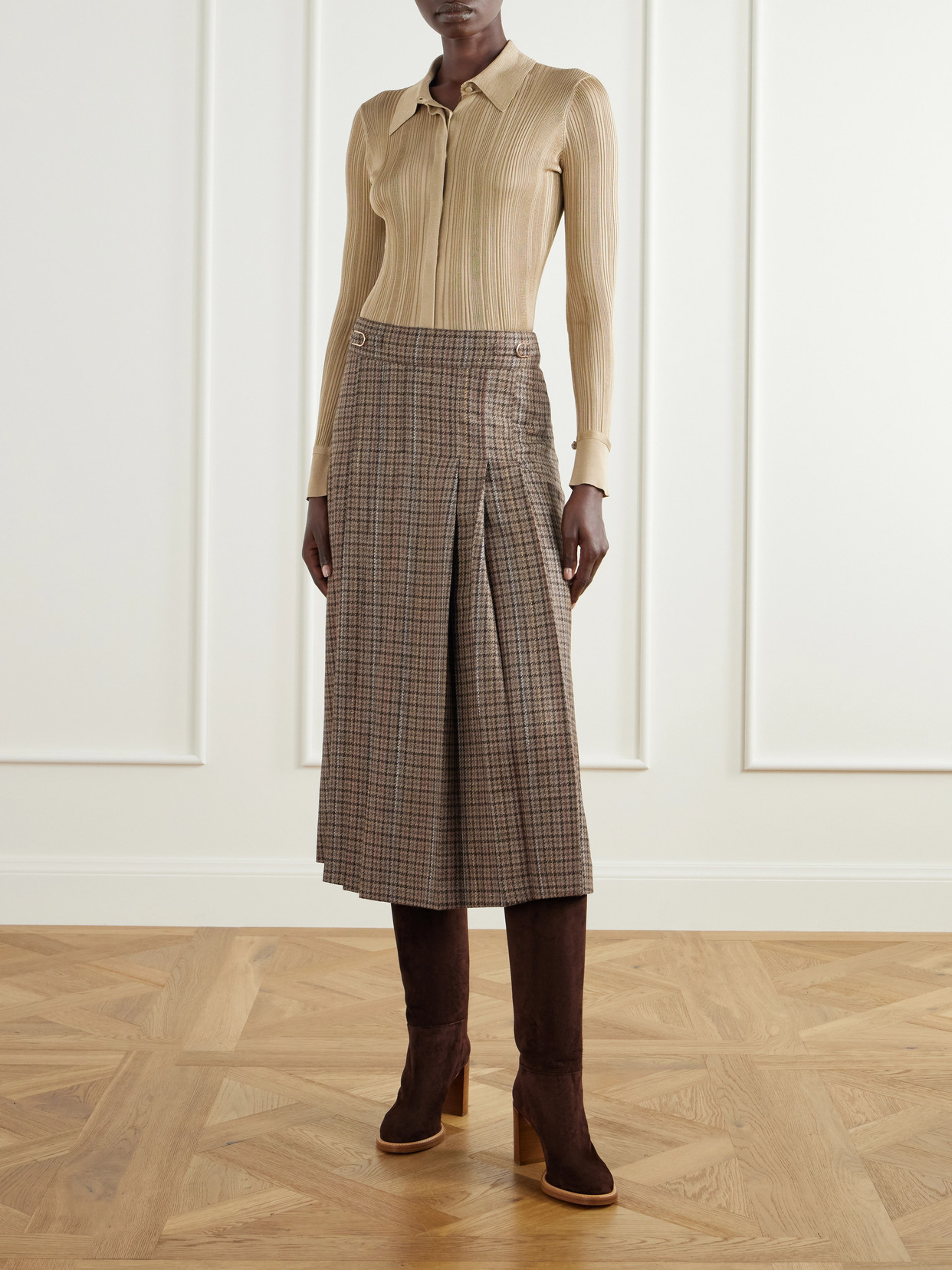 Wesley Pleated Houndstooth Wool And Cashmere-Blend Twill Midi