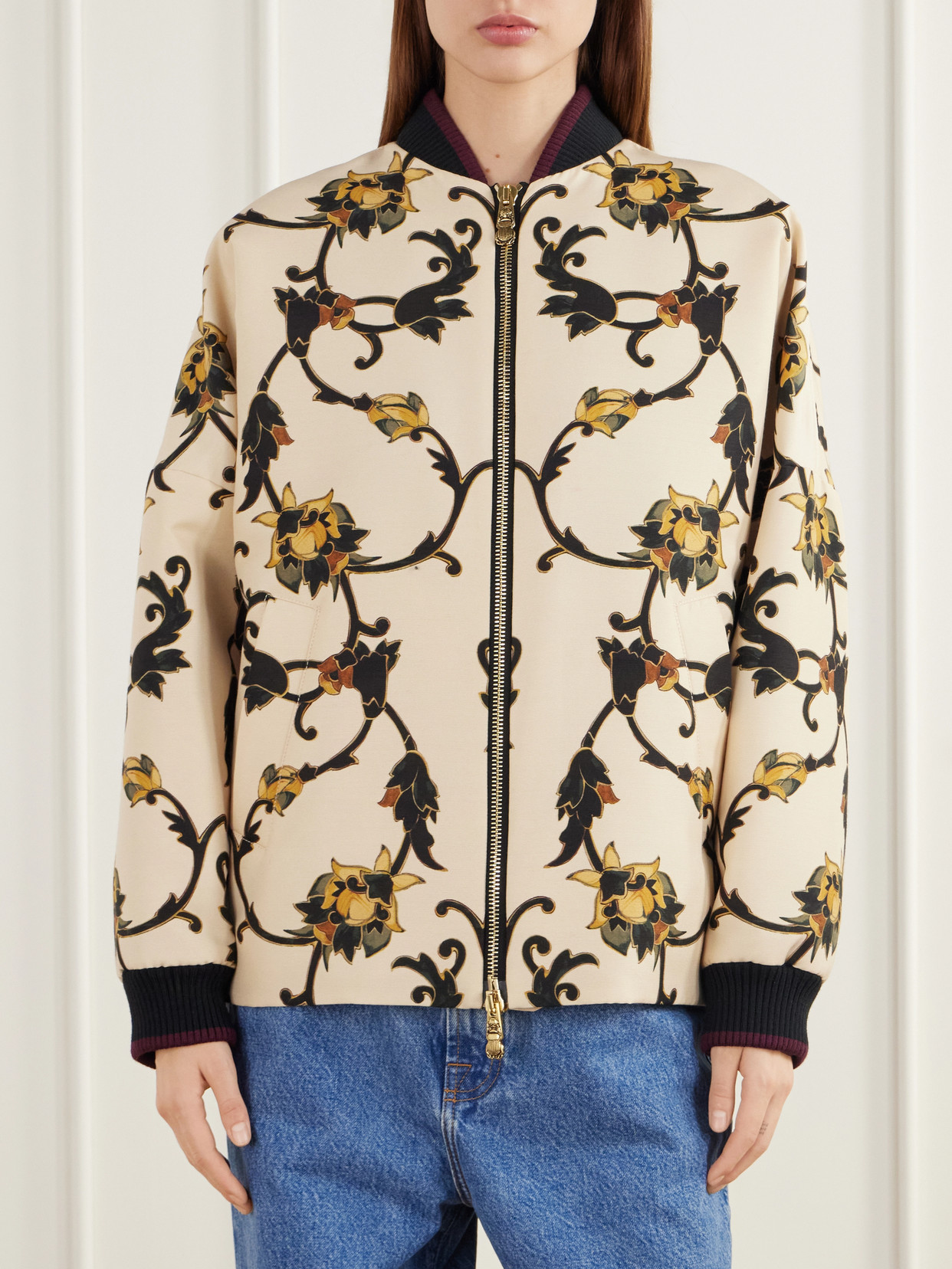 Brooklyn Floral-Print Rib-Trimmed Wool-Blend Cady Jacket