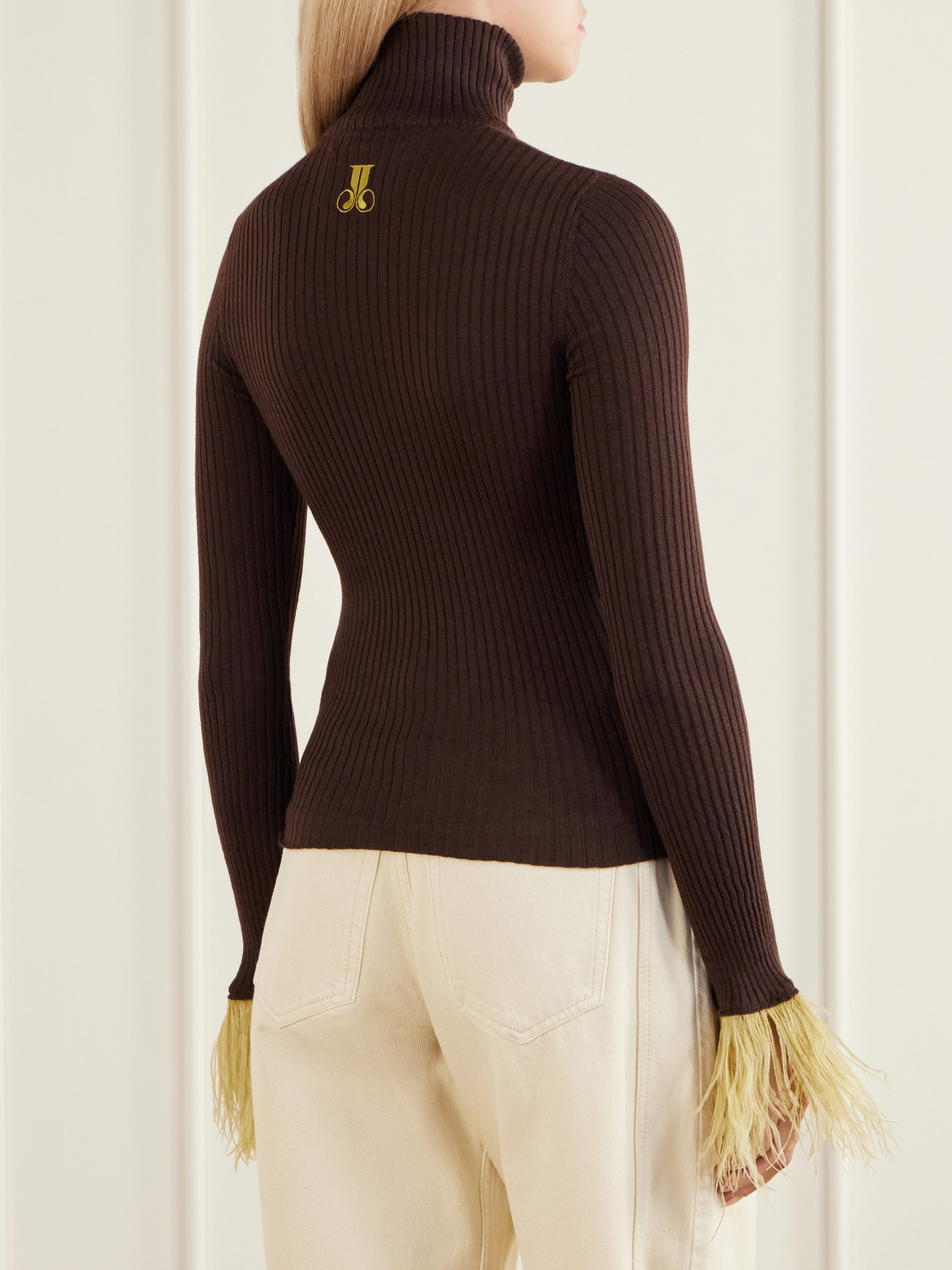 Feathers-Trimmed Ribbed Cashmere And Silk-Blend Turtleneck Sweater