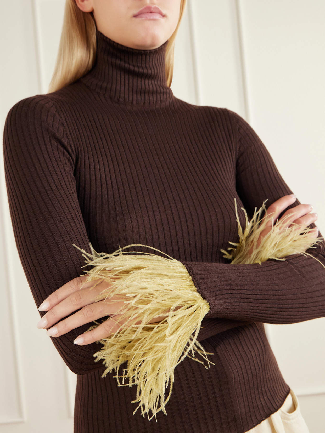 Feathers-Trimmed Ribbed Cashmere And Silk-Blend Turtleneck Sweater