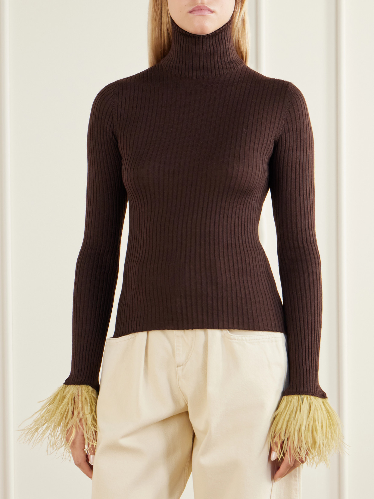 Feathers-Trimmed Ribbed Cashmere And Silk-Blend Turtleneck Sweater