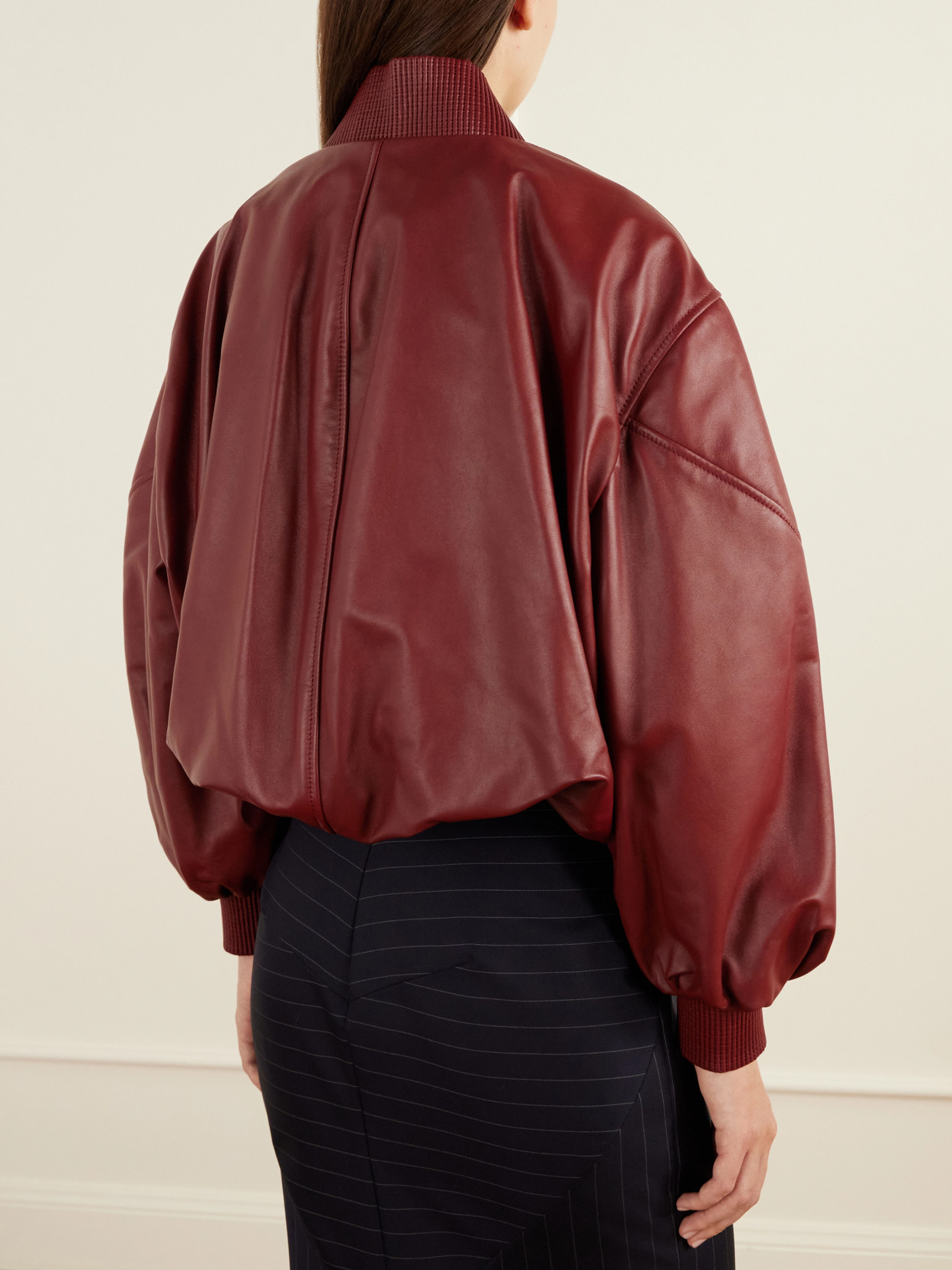 Cropped Gathered Leather Bomber Jacket