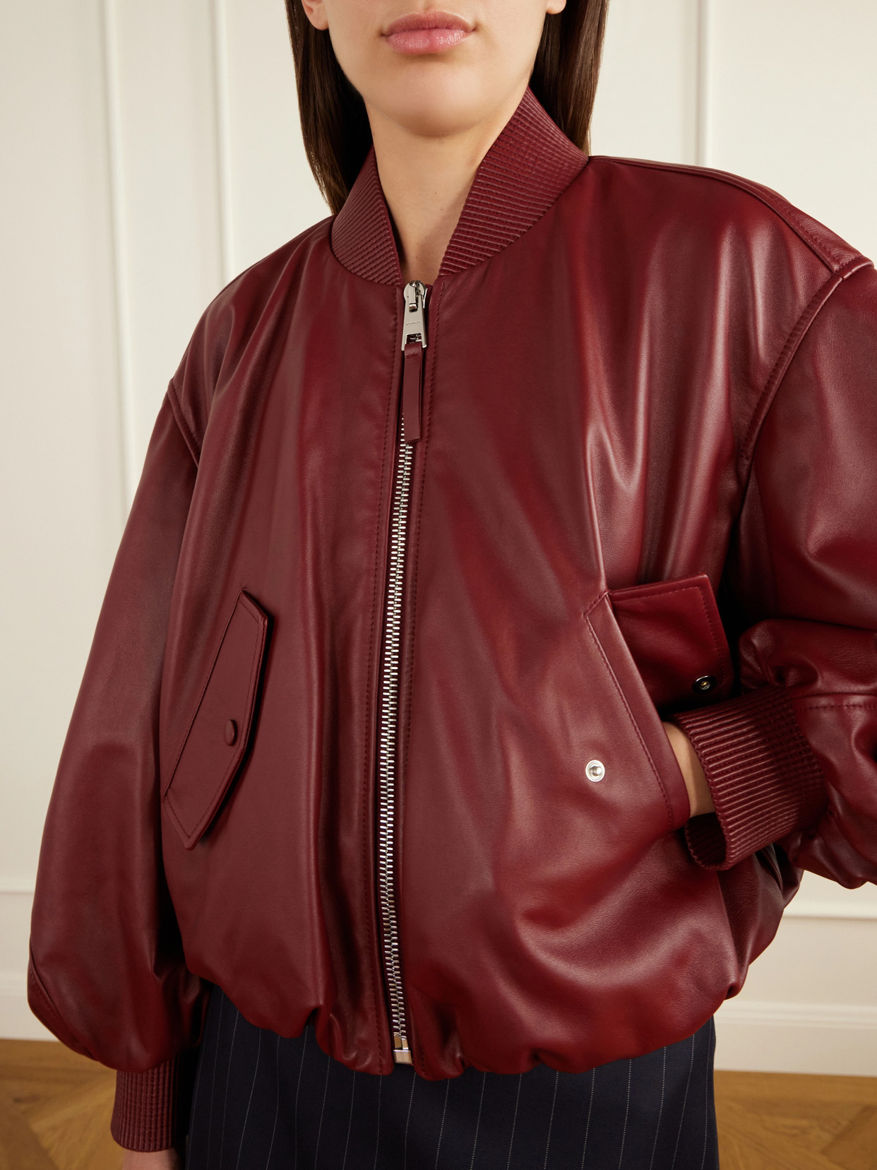 Cropped Gathered Leather Bomber Jacket