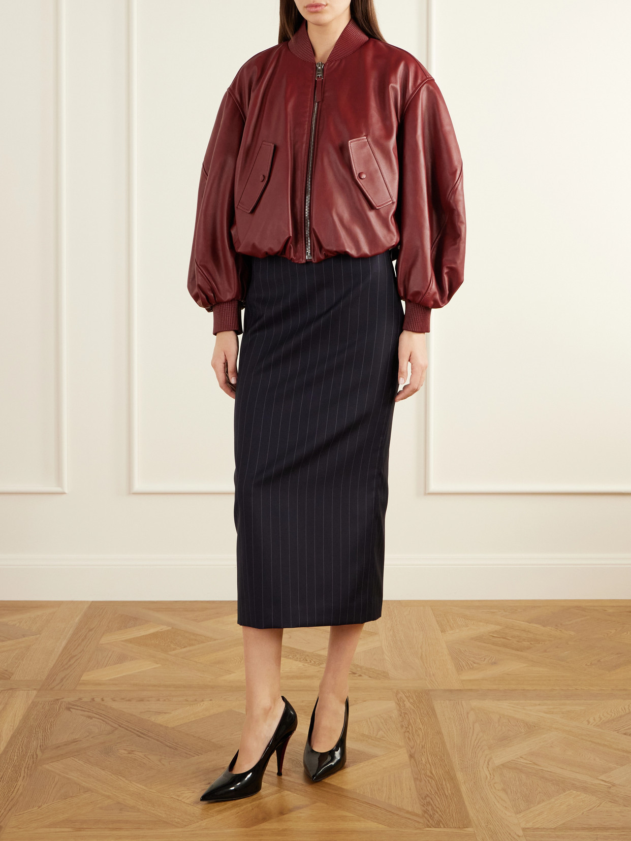 Cropped Gathered Leather Bomber Jacket