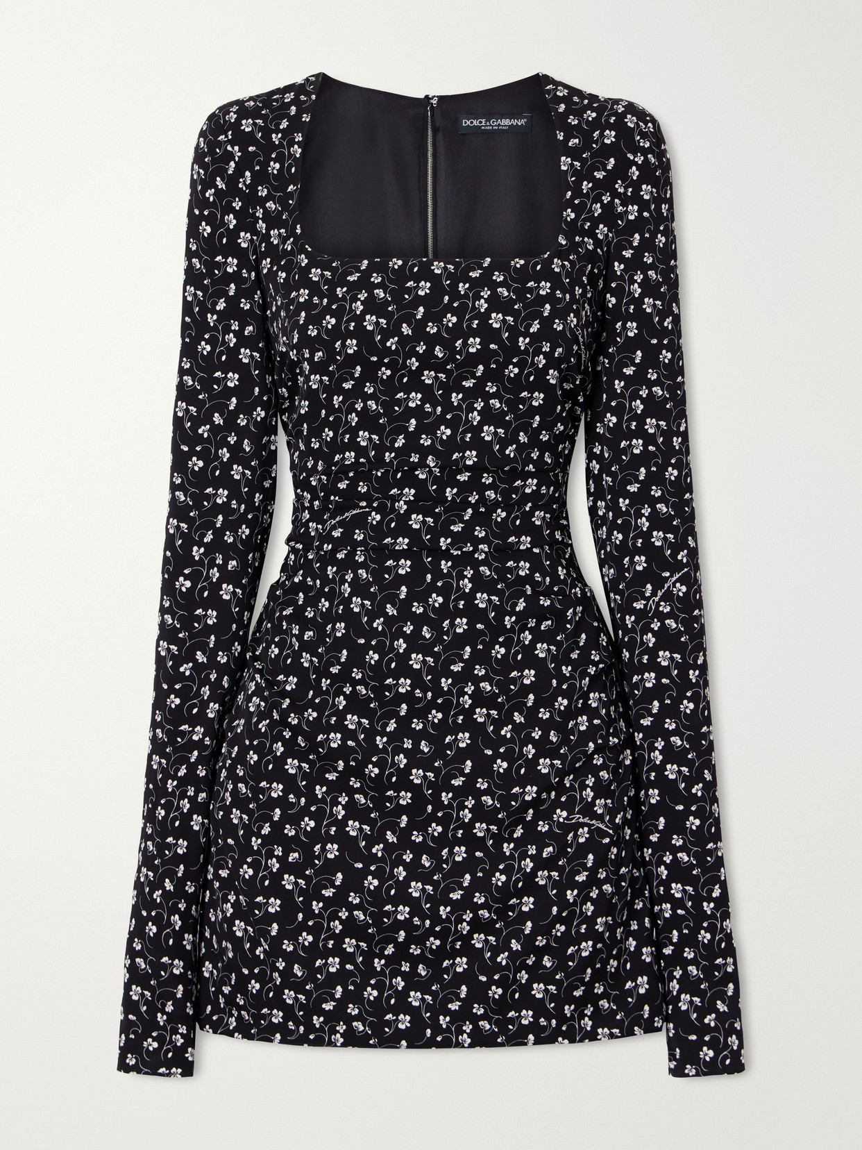 Dolce & Gabbana Floral-print Ruched Silk-blend Charmeuse Mini Dress In Black