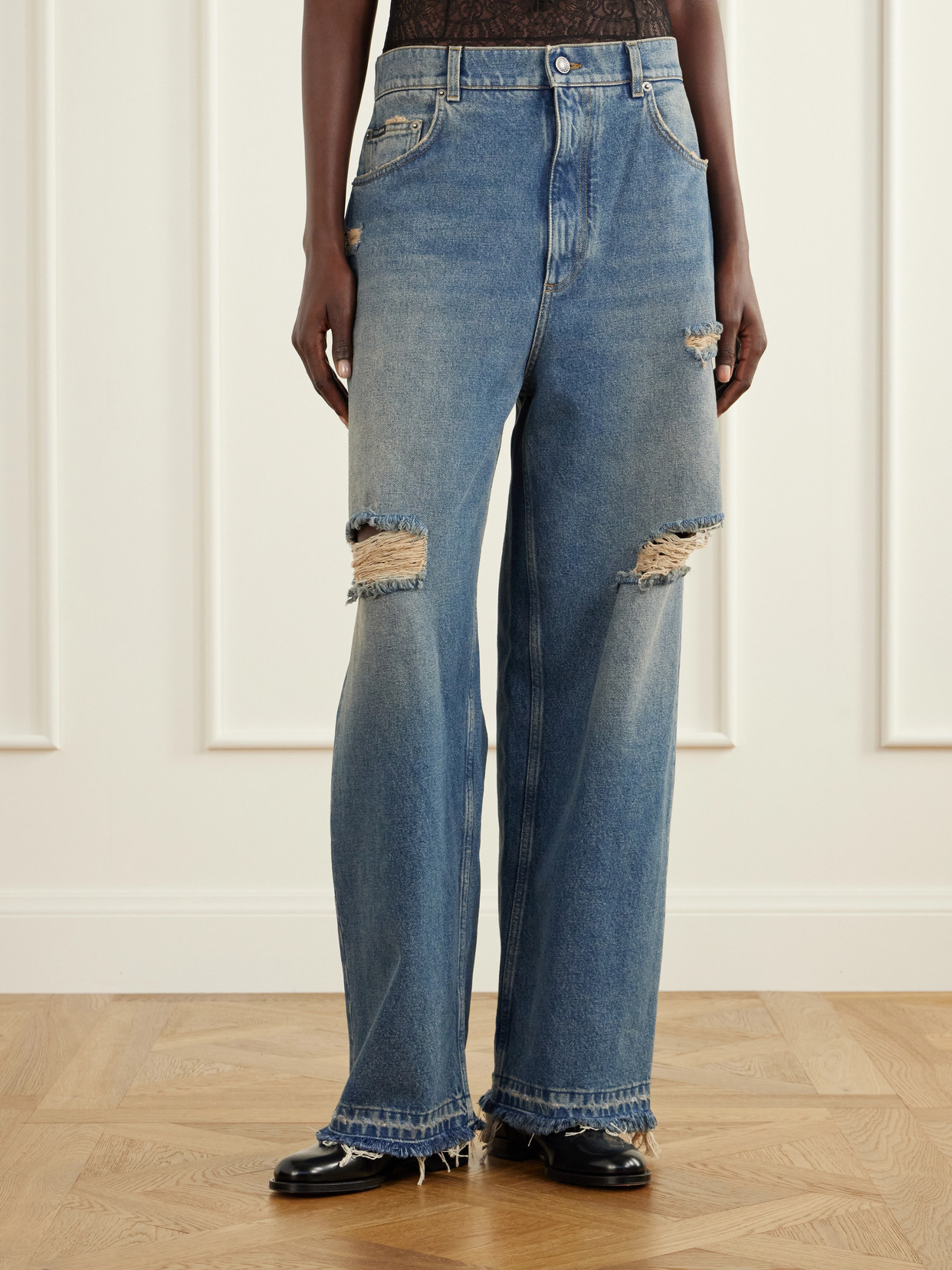 Distressed High-Rise Wide- Leg